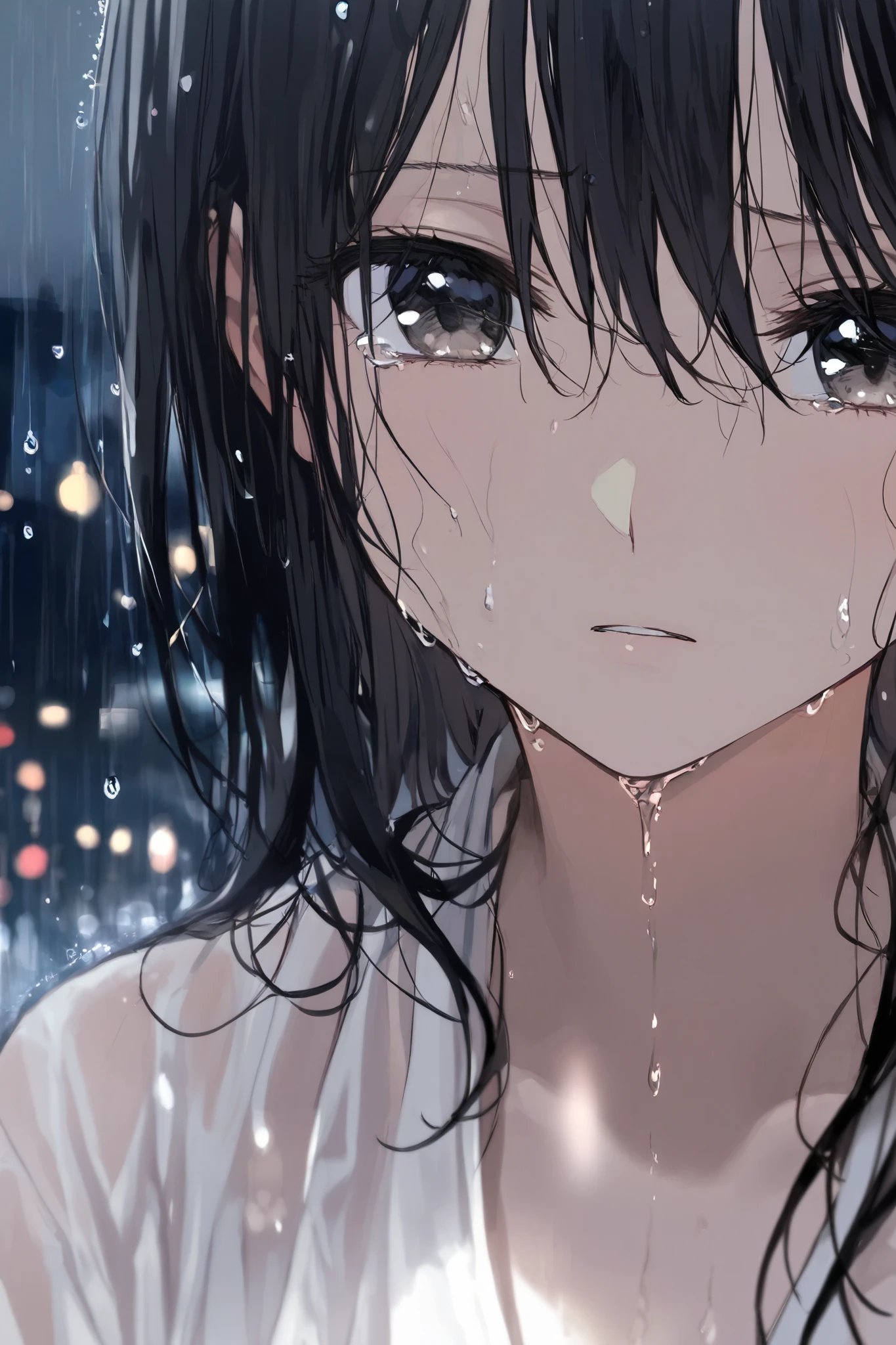 Half-Body Portrait of a Sad Girl Standing in the Rain, Close-Up on Her Tearful Face, Heavy Raindrops Falling, Wet Hair Clinging to Her Skin, Eyes Filled with Sorrow, Quivering Lips, White clothes, Soft Glow of Streetlights Reflecting in Her Eyes, Rain-Soaked Clothes, Cold Breeze Moving Her Damp Hair, Dark Cloudy Sky, Blurred City Lights in the Background, Dramatic and Emotional Atmosphere, Water Droplets on Her Skin, Subtle Lighting Highlighting Her Expression, Cinematic and Poignant Mood