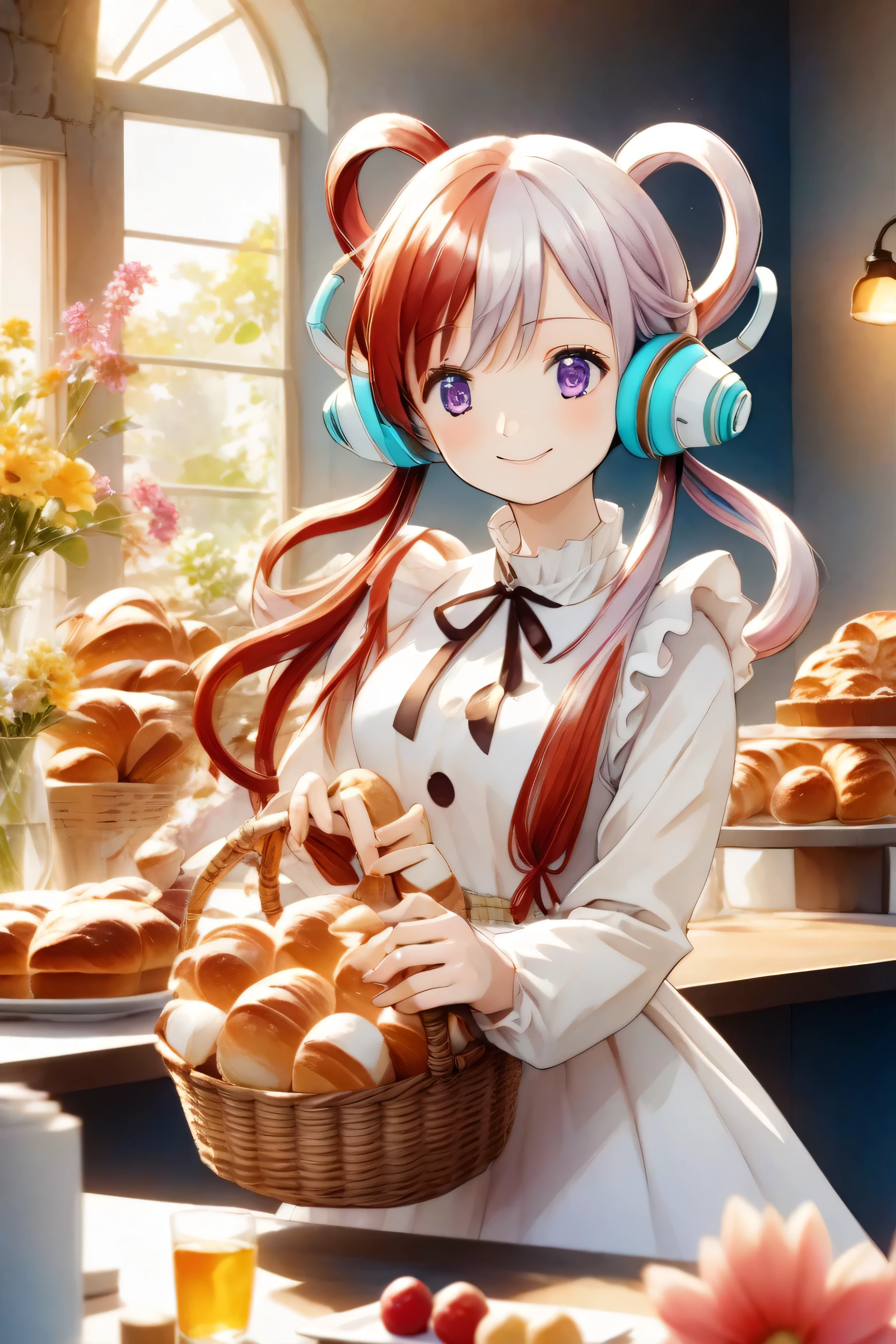 Lens flare effect、 Warm and Gentle Atmosphere 、( seen from the front)、looking at the camera、(( is shining、Reflects light:1.2))、(Optimal ratio: Four fingers、One thumb)、(((ワンピースUta)))、1 girl、 cute face、Stand up、 Half Body Shot 、 counter to make alcohol、smile、 split color hair 、 red hair、multicolo red hair、 long hair、Purple eyes、 two-tone hair、 hair ring、ribbon、Gray Hair、bangs、Hair on one eye、Mr.々The gesture of holding a woven basket filled with lots of delicious bread with both hands and holding it out in front of you、Fresh bakery concept art surrounded by a garden of flowers、Fantasy bakery、ベーカリー interior setting、Bakery、 perfect face、Uta、long hair、 headphones、ネックribbon、twin tails、 hair ring、黒いribbon、is standing、 pastry 、Cottagecore、 anime food、sweets、ワンピースのUta、 fine watercolor style 、Dutch Angle