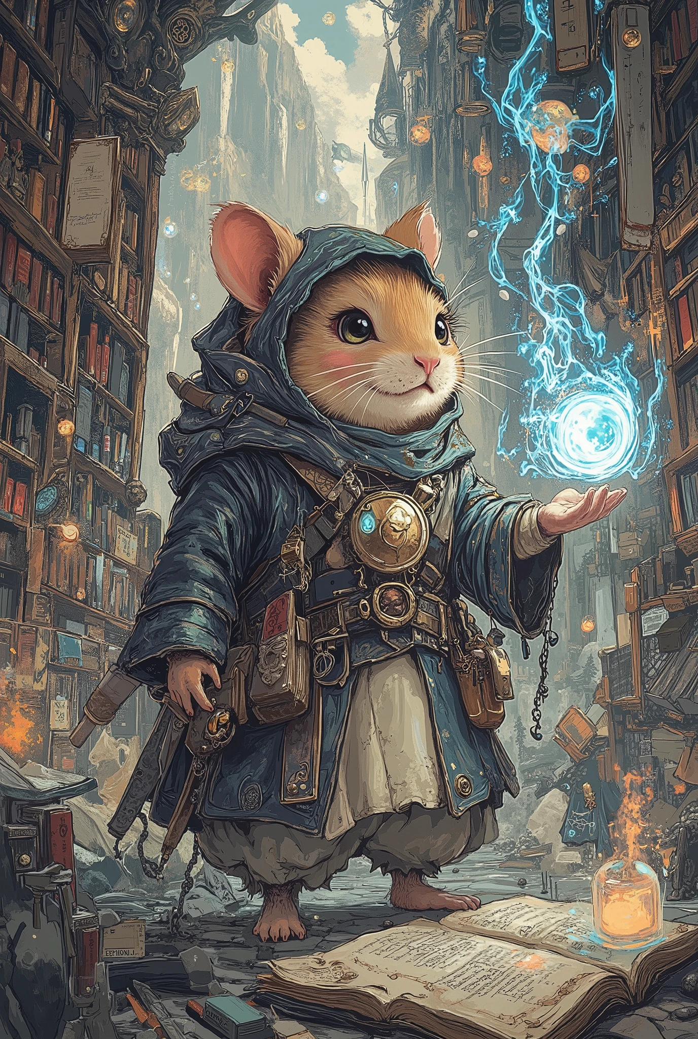 Hamster mage, masterpiece, best quality, Super Detail,an epic,4K,mystical library , wears a magical robe, In fantasy art style, cinematic light , ultradetailed, 8k resolution ,( beautiful, detailed:1.1) , (complicated, detailed:1.1),( adventurous :1.1) atmosphere, (Fantasies:1.1) setting , (Epos:1.1) And (powerful:1.1), a feeling of (freedom:1.1) And (Strength :1.1),nerdy