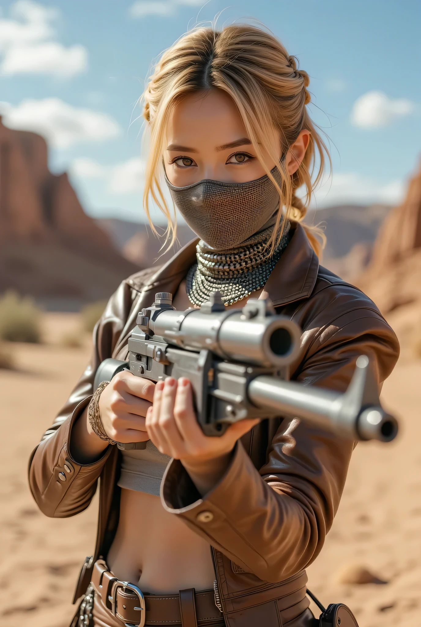 (8k, Top Quality Conversation , masterpiece), ( exists , photo exists : 1.37), very well detailed, one girl to rainbow , { Grid girl with a revolver }, Wide angle , chest shaking a lot , Very delicate depiction , armor made with miniature paint , short braided hair , correct skeleton 、 chain armor , Guns with an Invisible Pattern 、 dreamy ,super existing mixed fantasy world looking at the camera with a sharp eye, a combination of exists elements and fantastic elements ( 渦巻く砂漠の砂 :1)、 Get ready to fight with a shotgun 、 complicated , a sharp , precise iron mask under her butt 、 He is looking at the camera with a sharp eye 、vintage leather jacket