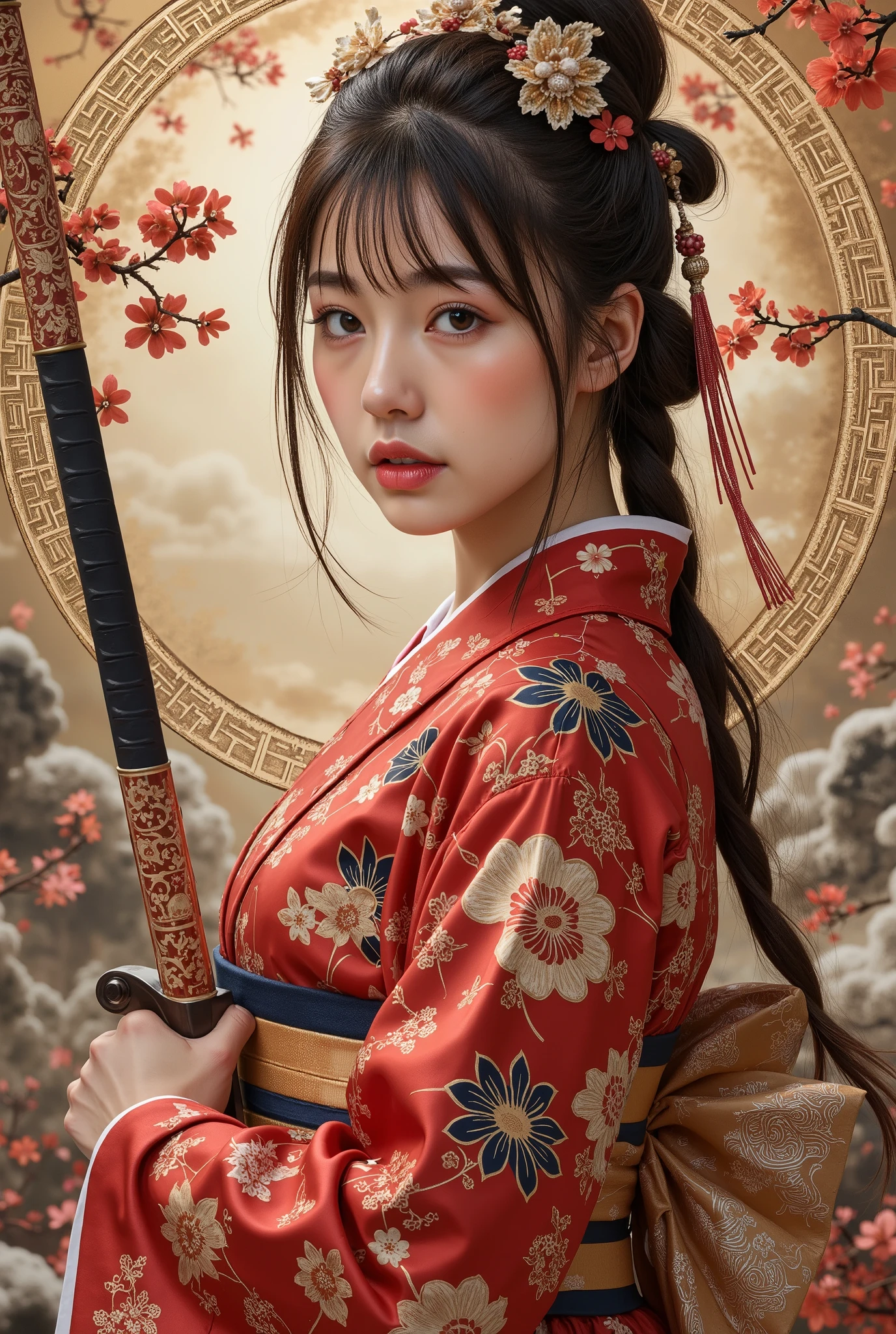beautiful female samurai holding a Japanese sword :1.1, A Japanese woman in a traditional kimono. このスタイルteeth伝統と豪華さを融合, teeth、Playing with bold visual contrasts and complex cultural motifs、To create a unique, powerful and elegant aesthetic。.
A solemn yet grand tone, Exudes a mood of quiet strength. A sense of timeless elegance, Immerses the viewer in a world of luxury.