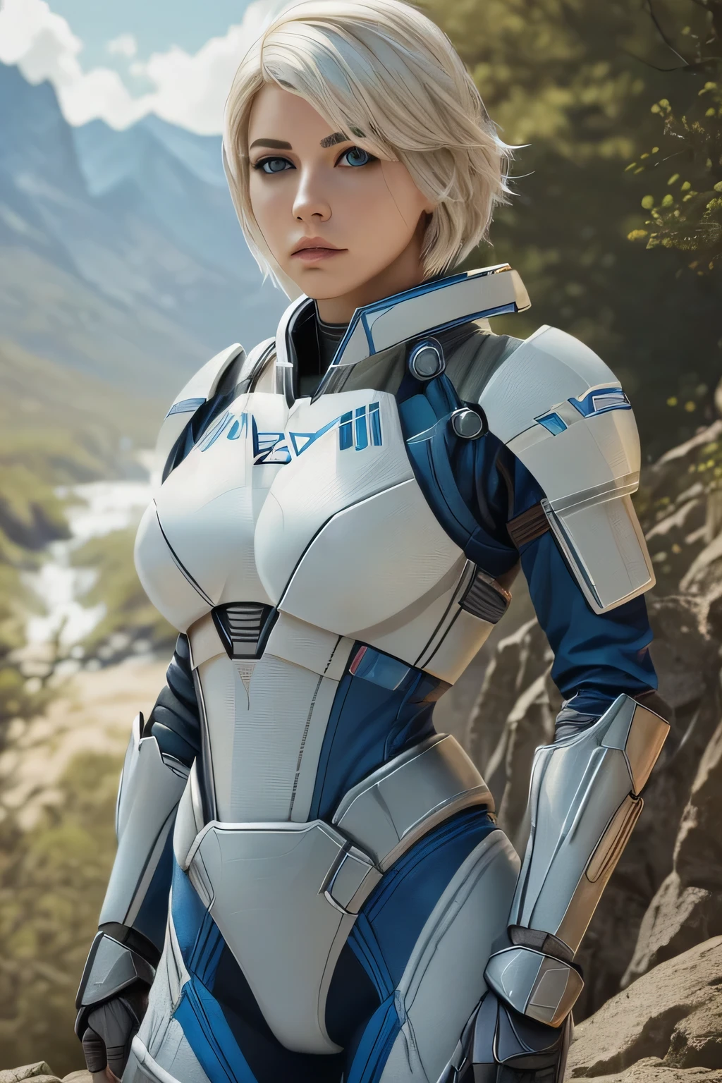 1 girl in, 21, photo of Alexa Bliss, photo of perfect woman, Solo, Aesthetic artwork, (Short platinum blonde hair, unruly hair: 1.25), (blue eyes, clear skin, pale skin, small breasts, B-cup, runners body, very thin waist, skinny, petite, detailed skin texture, (Masterpiece, focus on breasts:1.2), (she wears Andromeda initiative armor, full armor from Mass effect, Mass effect armor, Cora Harper cosplay: 1.22), (detailed starfield background:1.1), valley, overlooking waterfall, (extremely detailed 8k wallpaper), evening outdoor lighting, high quality, film grain, Fujifilm XT3 sharp focus, f 5.6, 50mm, High Detail, Sharp focus, (natural light), crazy details, complex details, hyper detailed