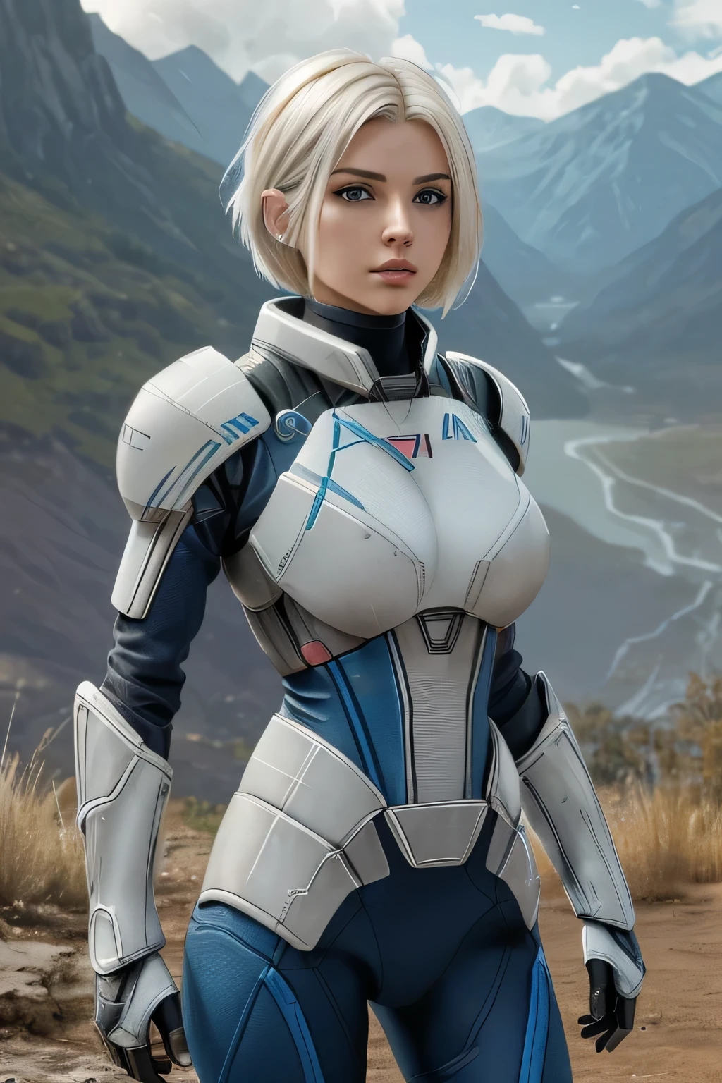 1 girl in, 21, photo of Alexa Bliss, photo of perfect woman, Solo, Aesthetic artwork, (Short platinum blonde hair, unruly hair: 1.25), (blue eyes, clear skin, pale skin, small breasts, B-cup, runners body, very thin waist, skinny, petite, detailed skin texture, (Masterpiece, focus on breasts:1.2), (she wears Andromeda initiative armor, full armor from Mass effect, Mass effect armor, Cora Harper cosplay: 1.22), (detailed starfield background:1.1), valley, overlooking waterfall, (extremely detailed 8k wallpaper), evening outdoor lighting, high quality, film grain, Fujifilm XT3 sharp focus, f 5.6, 50mm, High Detail, Sharp focus, (natural light), crazy details, complex details, hyper detailed