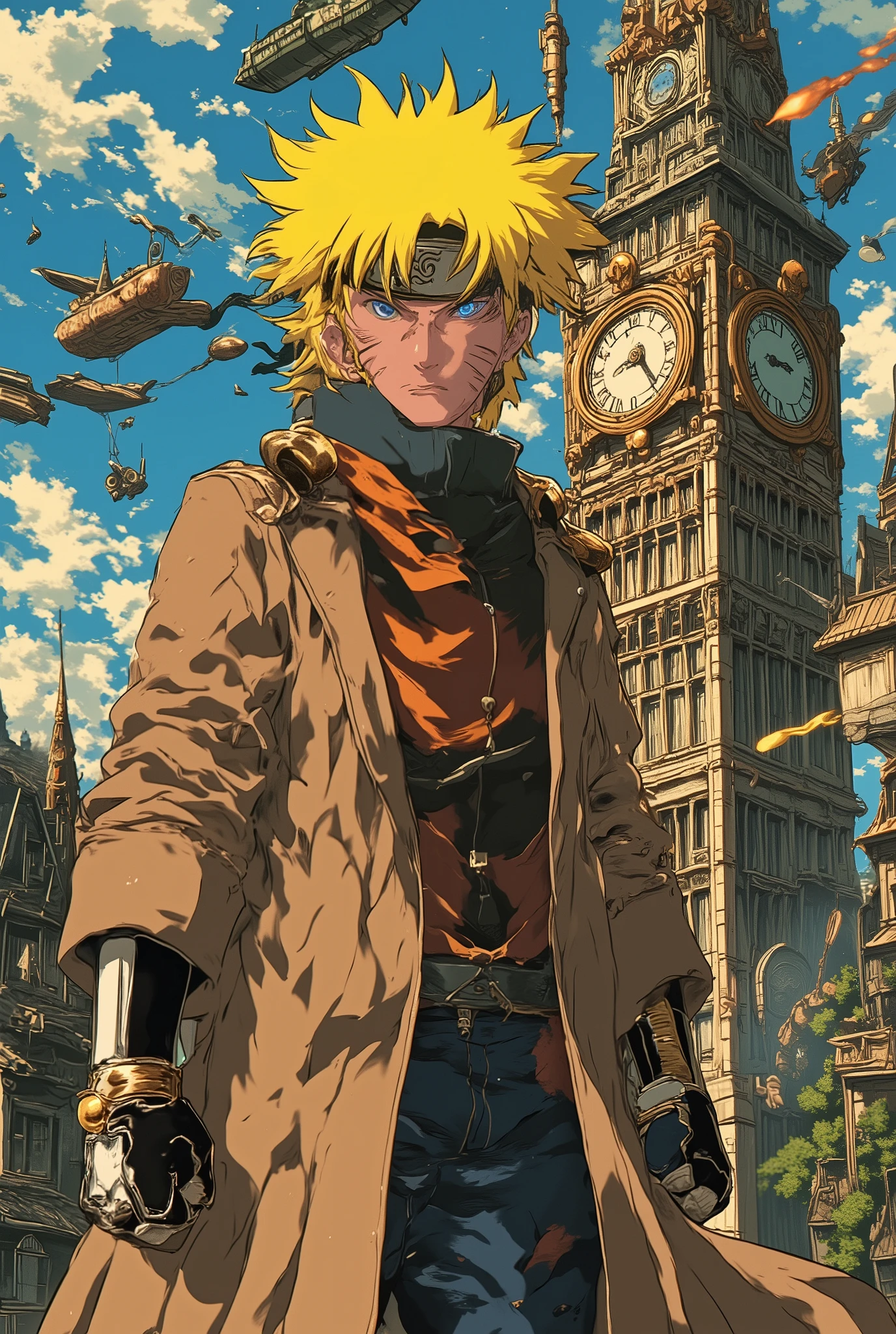 A retro anime-style illustration of Naruto Uzumaki with a steampunk aesthetic. He wears a long brown coat with brass rivets, fingerless gloves with built-in chakra amplifiers, and a mechanical headband with gears subtly rotating around the Konoha symbol. His whisker marks glow faintly with blue energy, hinting at a fusion of chakra and steam technology. His kunai are redesigned as compact steam-propelled darts, and his Rasengan now appears as a swirling core of blue steam energy. The background showcases a towering clock tower with exposed gears, surrounded by floating airships and a cityscape blending traditional Japanese architecture with Victorian-era machinery.