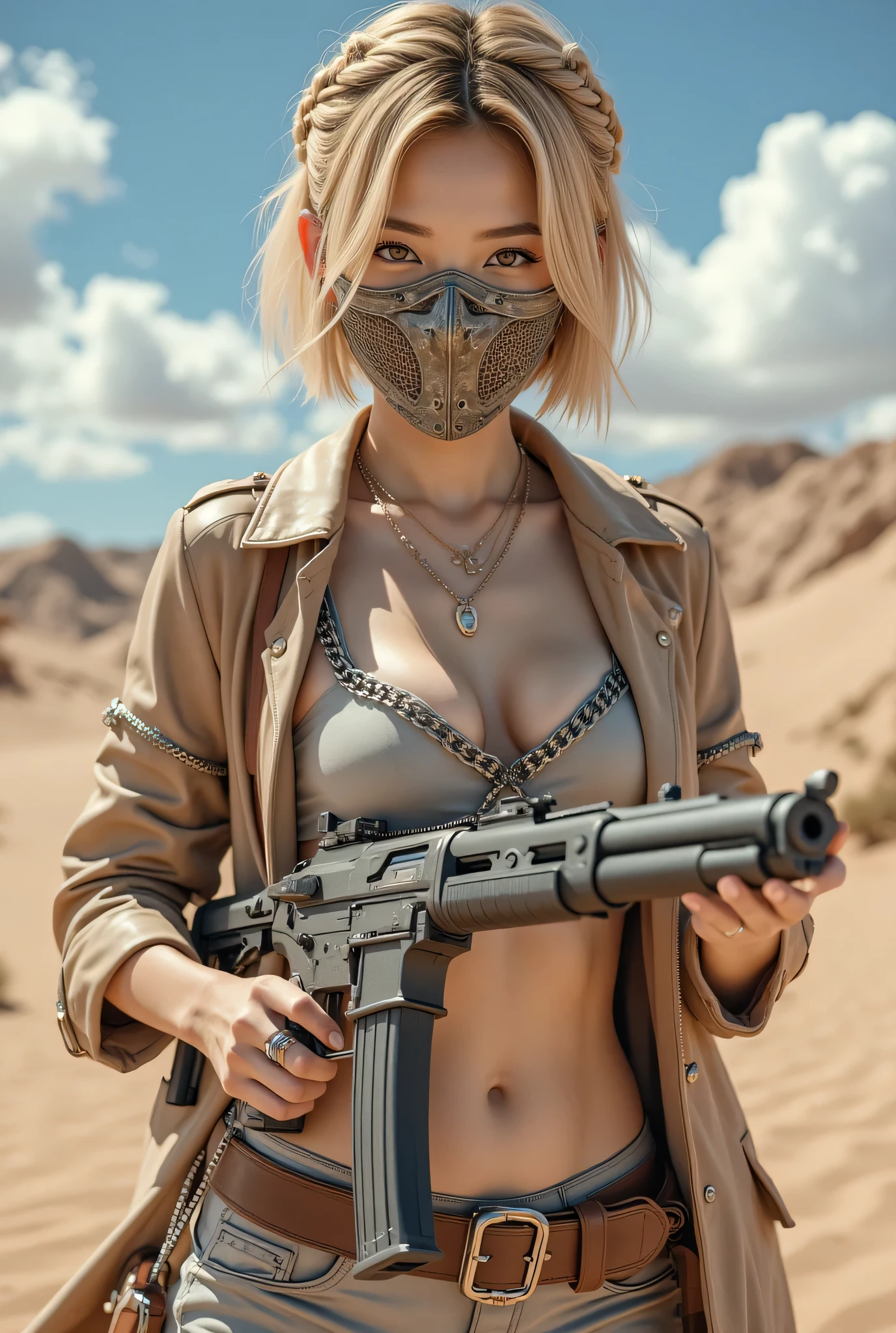 (8k, Top Quality Conversation , masterpiece), ( exists , photo exists : 1.37), very well detailed, one girl to rainbow , { GRID GATLING GUN GATLING GUN }, Wide angle , chest shaking a lot , Very delicate depiction , armor made with miniature paint , short braided hair , correct skeleton 、 chain armor , Guns with an Invisible Pattern 、 dreamy ,super existing mixed fantasy world looking at the camera with a sharp eye, a combination of exists elements and fantastic elements ( 渦巻く砂漠の砂 :1)、 Get ready to fight with a shotgun 、 complicated , a sharp , precise iron mask under her butt 、 He is looking at the camera with a sharp eye 、vintage leather jacket