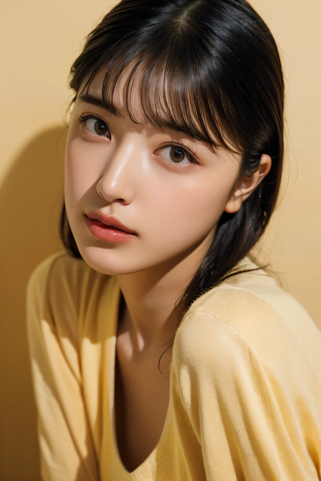 (In 8K, top quality, masterpiece:1.2), (realistic, Photorealistic:1.37), very detailed, natural light, medium breasts, How to hide your nose and mouth with both hands, 1 person, 35-year-old woman , black hair, short hair, ( looking up from below), on the other hand, light yellow light knit v-neck shirt , Cowgirl who , very detailedな顔と肌, detailed eyes, very detailedな顔と肌