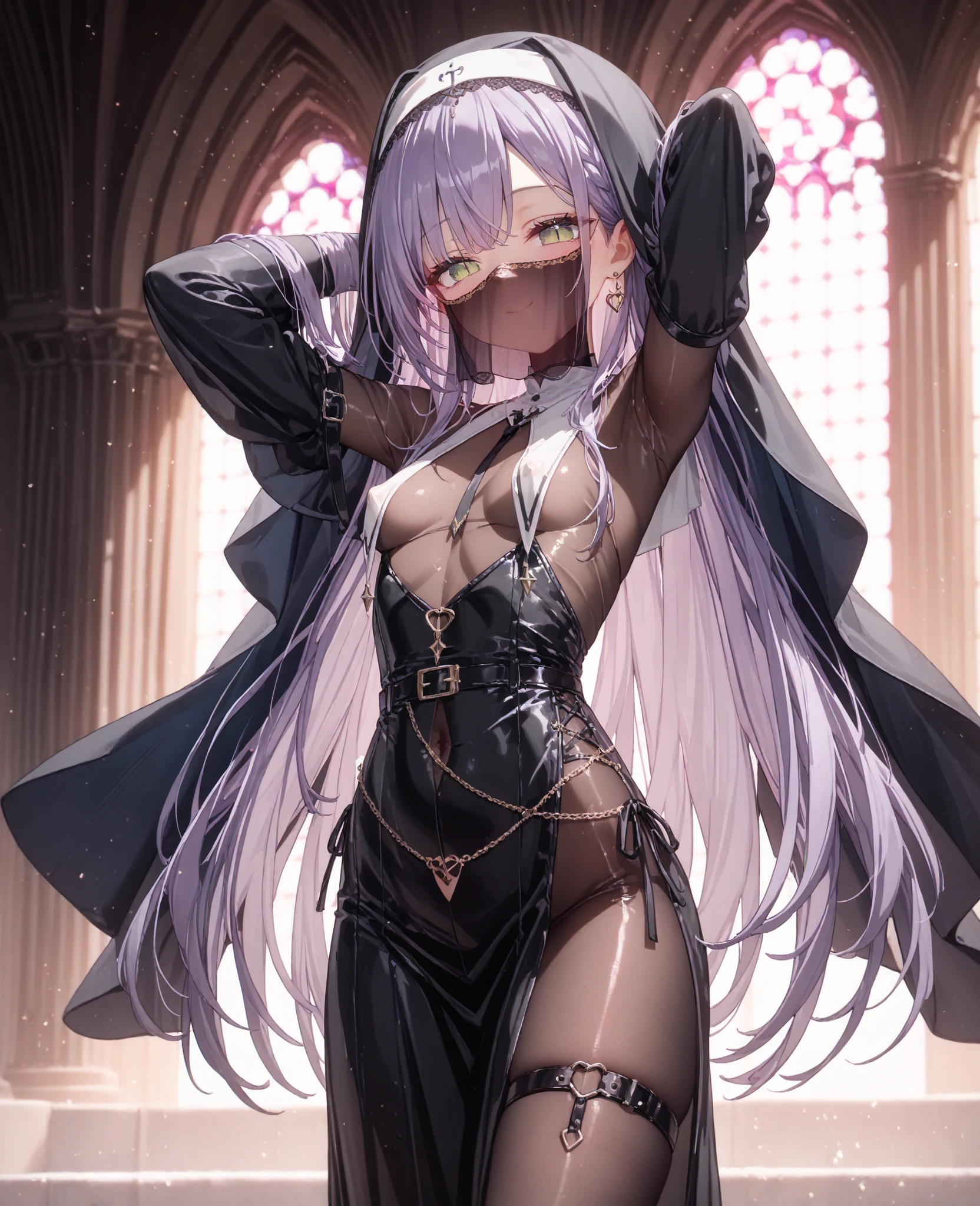 (masterpiece, best quality, hires, high resolution:1.2, 4k, 8k , high quality), extremely detailed, realistic, intricate details, highres, 1girl, solo, (large breasts, thick thighs, wide hips), arched back,(cinematic lighting, sunlight, perfect lighting, backlighting), eye-level shot, extreme close-up-shot, looking at viewer,
 <lora:[LoRa] Manticore (under a veil)-cosplay Arknights Clothing (With multires noise version):0.8> outfit-manticore,veil,bodystocking