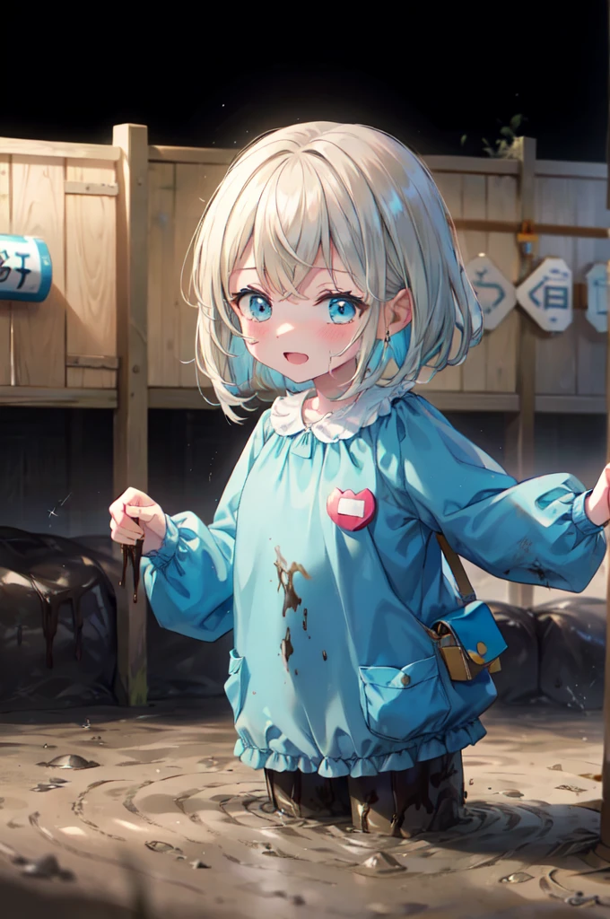 1girl, blonde, torned rags, dirty slotches, dirty on face, short hair, blue eyes, flat chest, , 5 years old, homeless, trash , trash bags, outdoors 