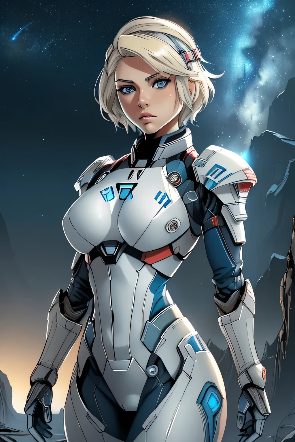 1 girl in, 21, photo of Alexa Bliss, photo of perfect woman, Solo, Aesthetic artwork, (Short platinum blonde hair, unruly hair: 1.25), (blue eyes, clear skin, pale skin, small breasts, B-cup, runners body, very thin waist, skinny, petite, detailed skin texture, (Masterpiece, focus on breasts:1.2), (she wears Andromeda initiative armor, full armor from Mass effect, Mass effect armor, Cora Harper cosplay: 1.22), (detailed starfield background:1.1), valley, overlooking waterfall, (extremely detailed 8k wallpaper), evening outdoor lighting, high quality, film grain, Fujifilm XT3 sharp focus, f 5.6, 50mm, High Detail, Sharp focus, (natural light), crazy details, complex details, hyper detailed
