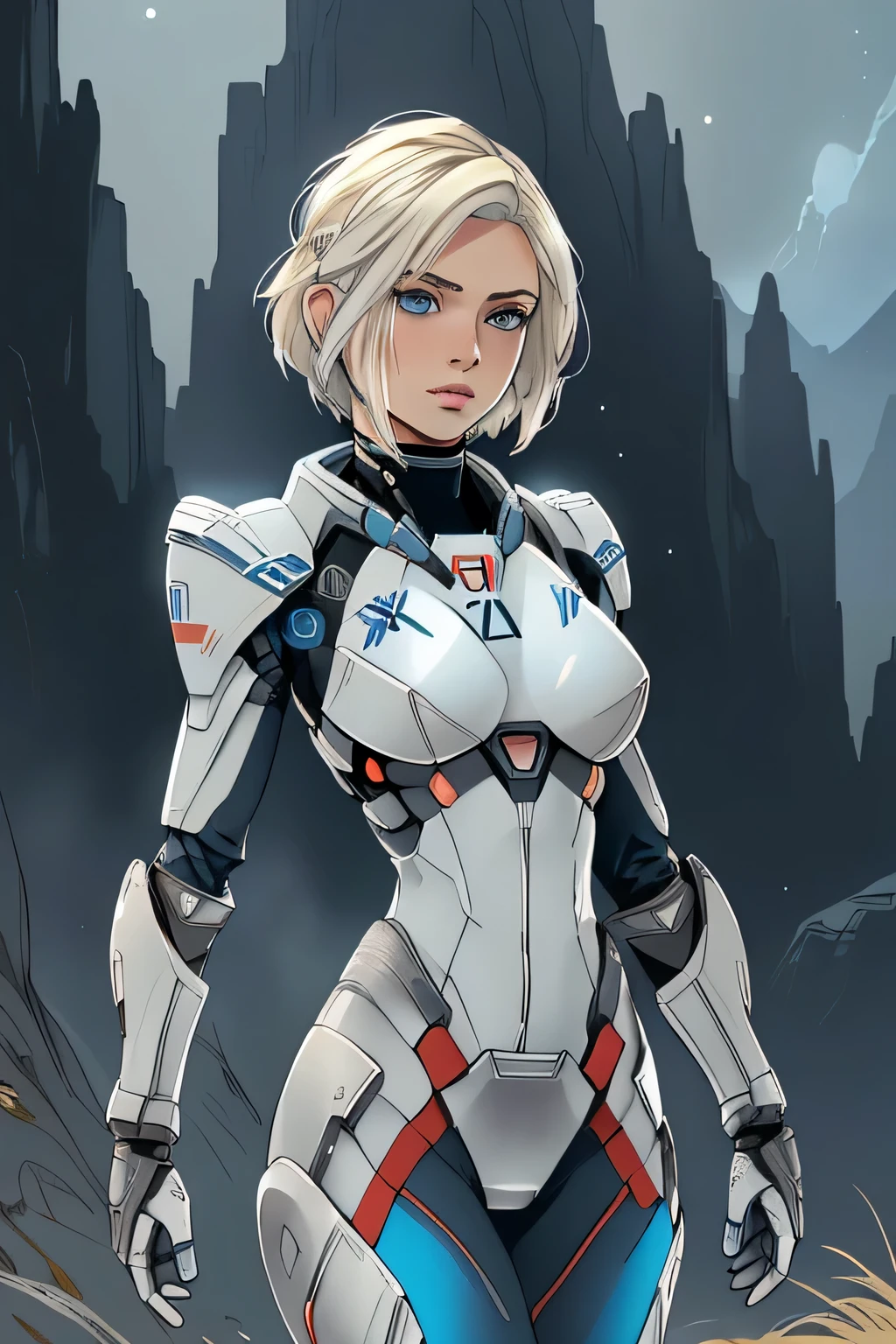 1 girl in, 21, photo of Alexa Bliss, photo of perfect woman, Solo, Aesthetic artwork, (Short platinum blonde hair, unruly hair: 1.25), (blue eyes, clear skin, pale skin, small breasts, B-cup, runners body, very thin waist, skinny, petite, detailed skin texture, (Masterpiece, focus on breasts:1.2), (she wears Andromeda initiative armor, full armor from Mass effect, Mass effect armor, Cora Harper cosplay: 1.22), (detailed starfield background:1.1), valley, overlooking waterfall, (extremely detailed 8k wallpaper), evening outdoor lighting, high quality, film grain, Fujifilm XT3 sharp focus, f 5.6, 50mm, High Detail, Sharp focus, (natural light), crazy details, complex details, hyper detailed