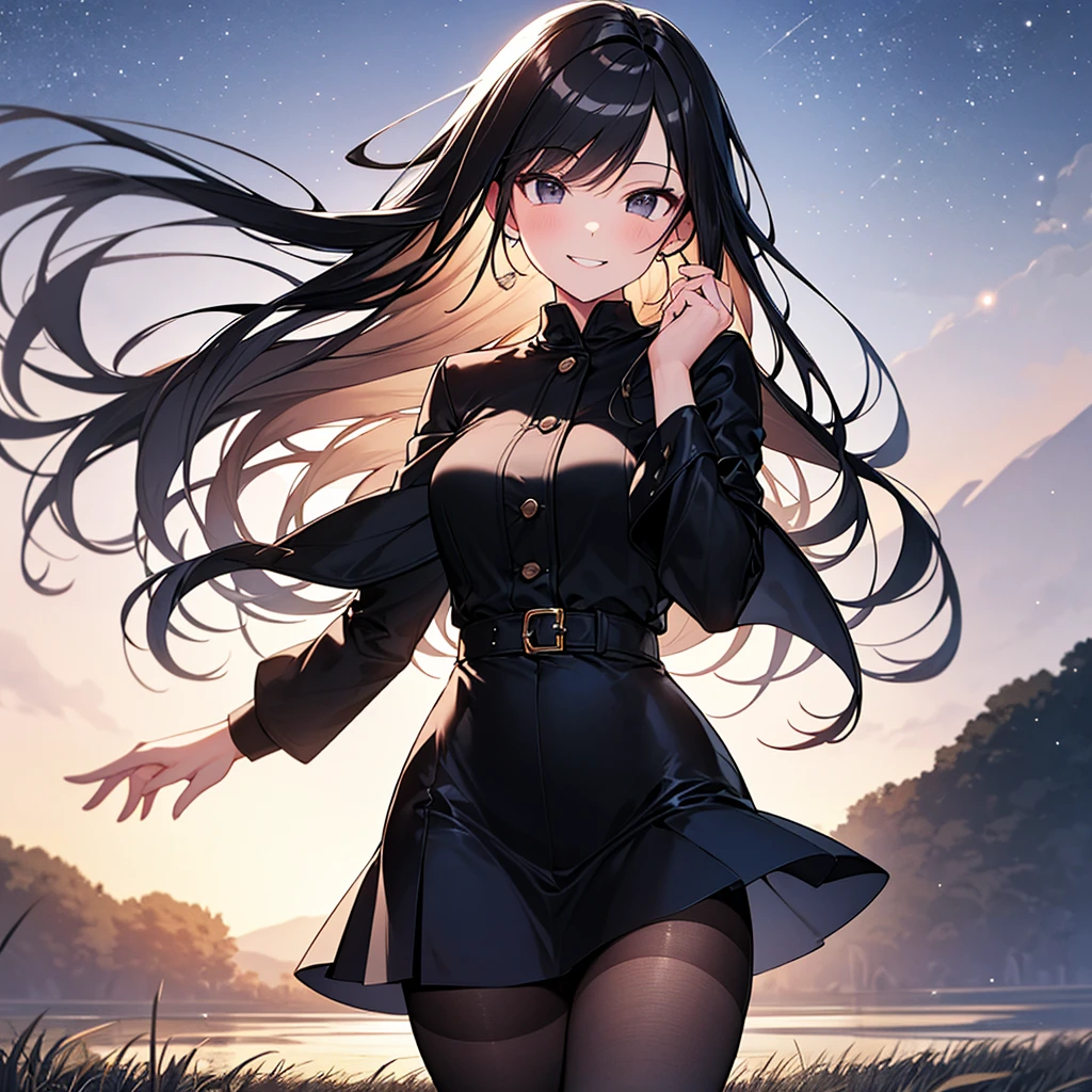 ((Oriental Project)),((masterpiece)),((leaning forward)),((Highest quality)),((Fascinating)),((alone)),((Deep blue pupils)),((Looking up at the night view from the top of the hill)),((Beautiful Blue Eyes)),((Wearing a black coat)),((Black mini skirt)),(((Wearing black tights))),((Slim body)),((length, Shiny black hair)),((Her left eye is completely hidden by her bangs)),((Her hair is parted, and you can see her eyes through it)),((Wearing black gloves)),((hair over one eye,long hair)),((Ruthless)),((Complex background)),((Hair blowing in the wind))