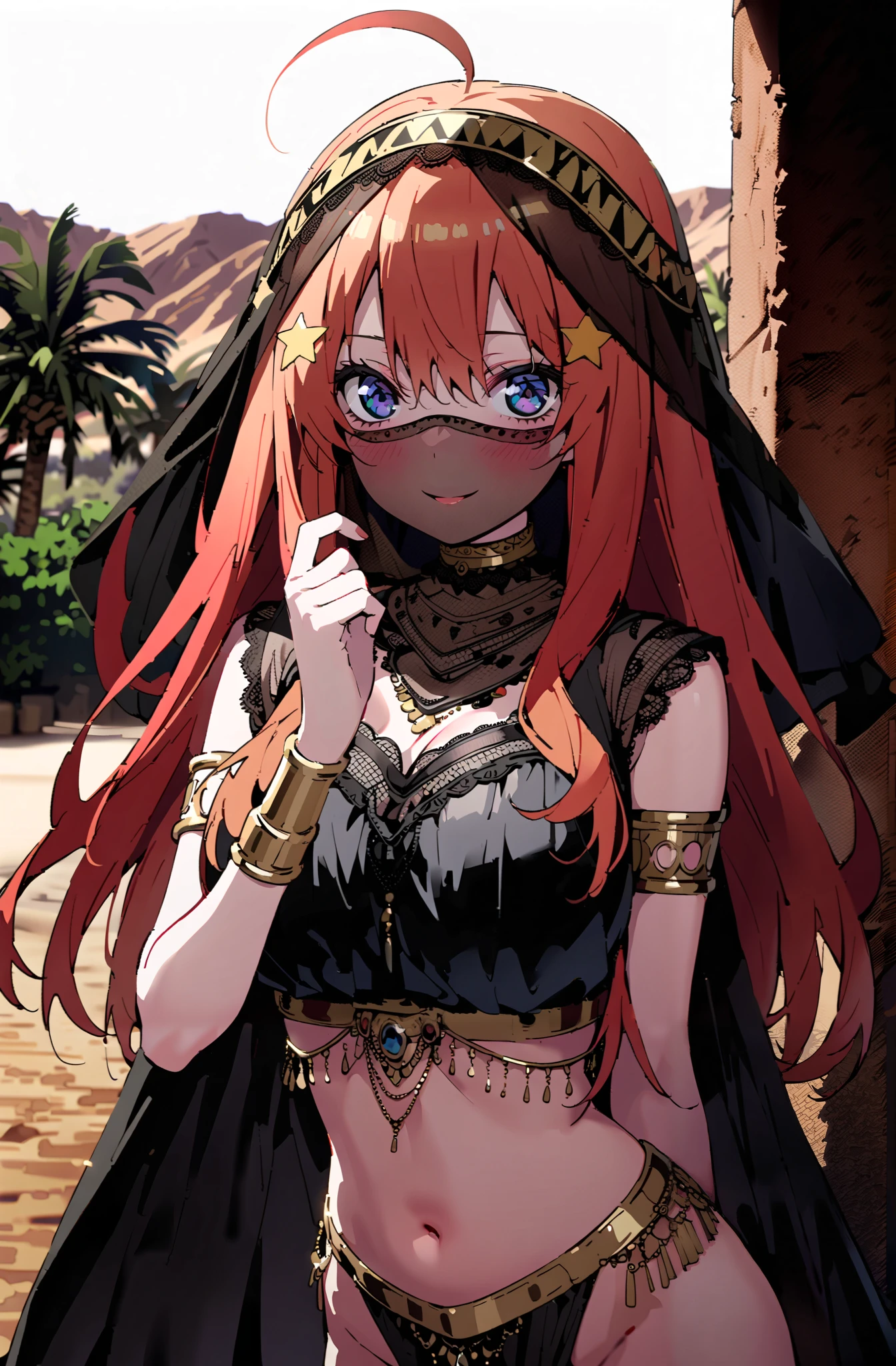 Nakano Mizuki ,  long hair,  blue eyes, hair ornaments close to the garden,  red hair, star (  symbol ), smile,blush, close your mouth,star hair ornaments close to the garden, Big Breasts, Chest Valley,Arabian clothing,  dancer , mouth Veil, belly Dancing, Veil,  armlet, palm tree, Bare legs,whole bodyがイラストに入るように,                                break outdoors, desert,
break looking at viewer,whole body,
break (masterpiece:1.2),TOP QUALITY , kampala, Unity 8K Wallpaper ,(shape:0.8),(  fine, beautiful eyes  :1.6),It's a person ,whole body写真,CG Details , ( perfect hands,Complete Anatomy),
