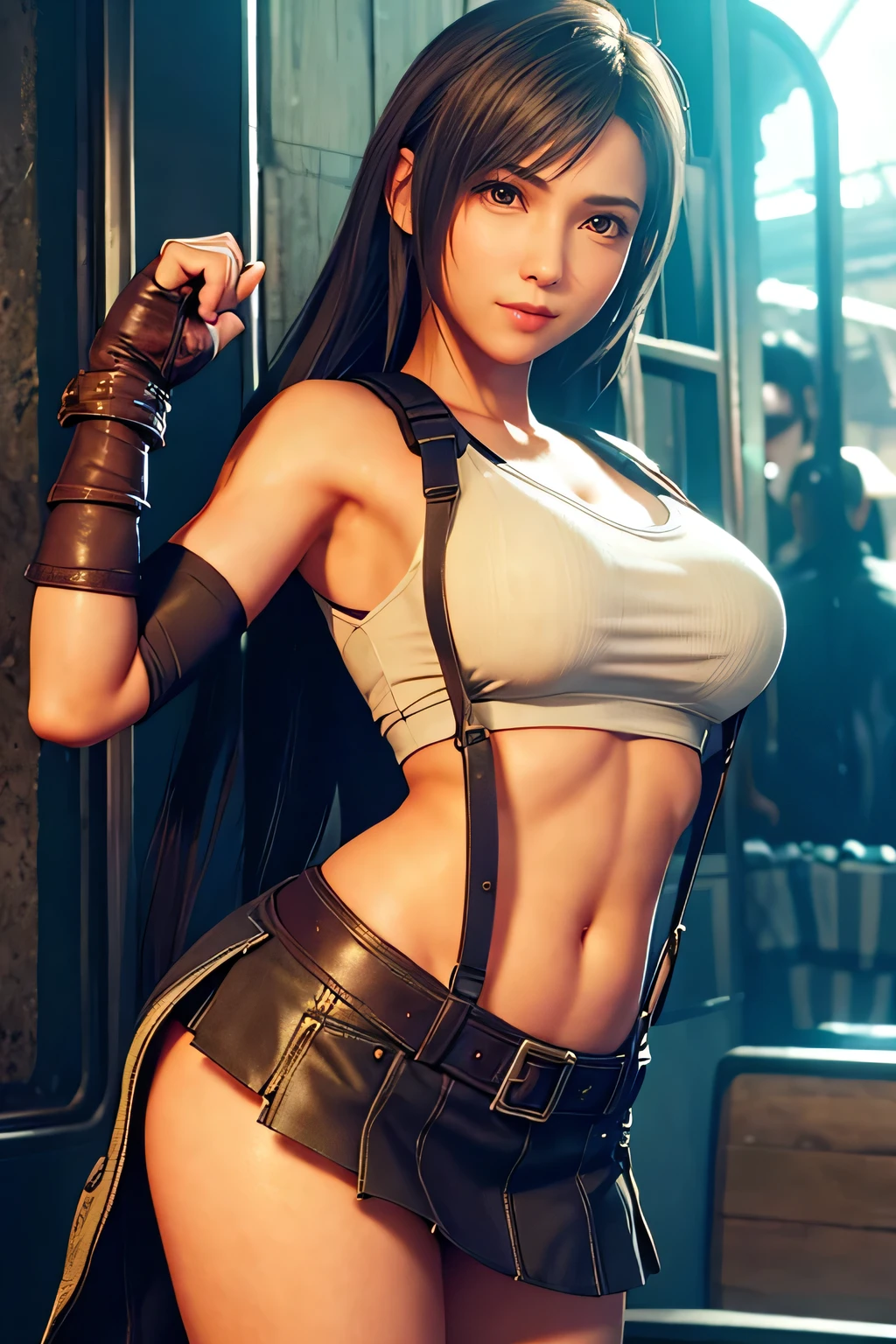 (lifelike: 1.4), top quality, very delicate and beautiful, high resolution, 1 girl, Tifa_Lockhart, Smile, cowboy shooting, sling, Lower floor, mini skirt, Vest, nervous shirt, black hair, long hair, elbow gloves, Beautiful and detailed red eyes, Menko, light, navel, high exposure, Abdomen exposed, rib cage, abdominal muscles, ( huge breasts: 1.2), dynamic poses, dynamic angle,