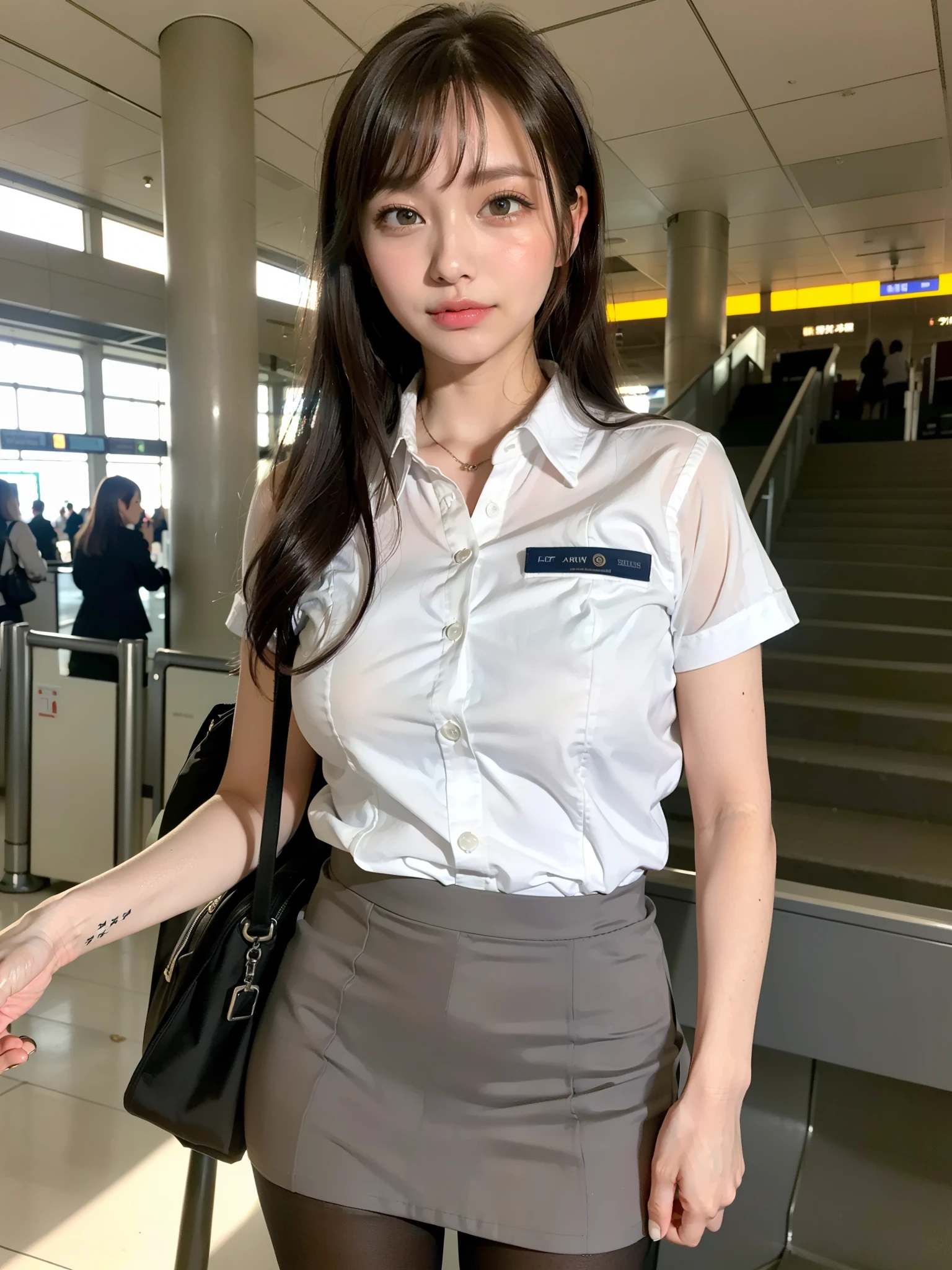 (8k, highest quality, masterpiece: 1.2), (Realistic, Realistic: 1.2),　Beautiful Japanese 20 year old woman, Tight waist, Thin thighs, detailed: (非常にdetailedな: 1.3), ((Navy blue stewardess costume)), Updo short hair, ((Wearing a mini skirt)), Slim and perfect style. (High resolution: 1.1), Airplane Passenger Passenger Passenger, Slim thighs, Perfect beauty, 