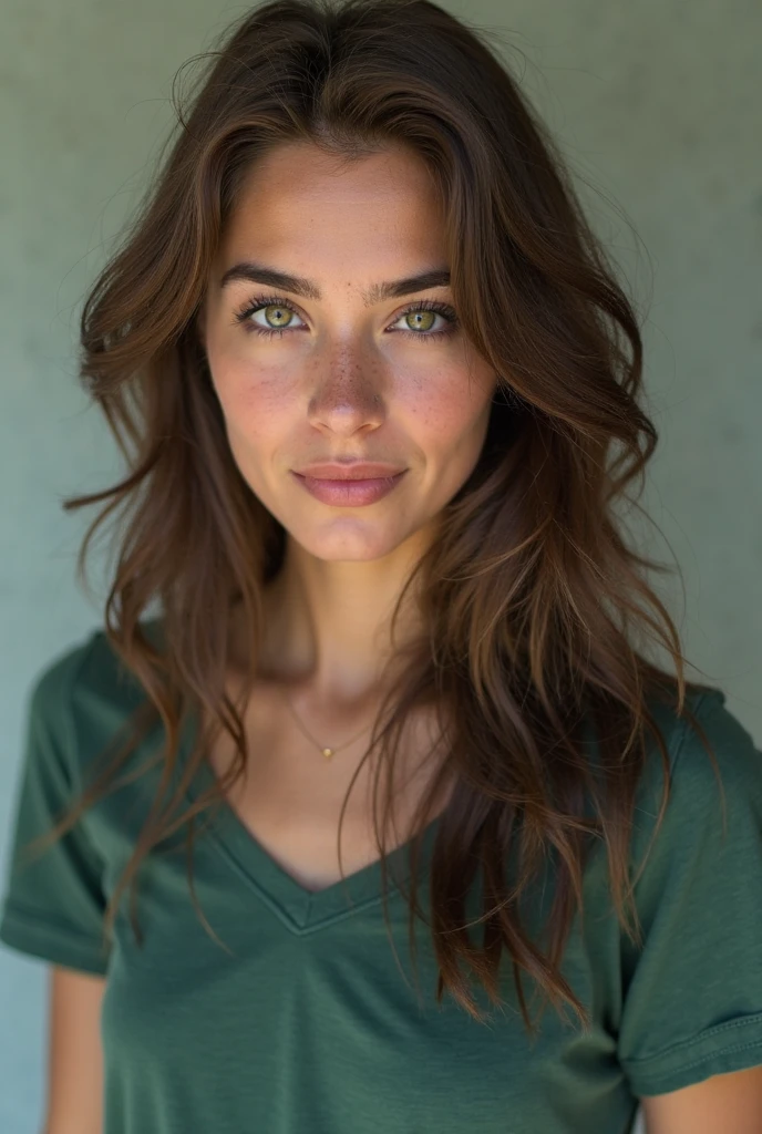 (4k, photorealistic) realistic portrait photo of beautiful woman with dark brown hair, American, influencer, light green eyes, no makeup, instagram