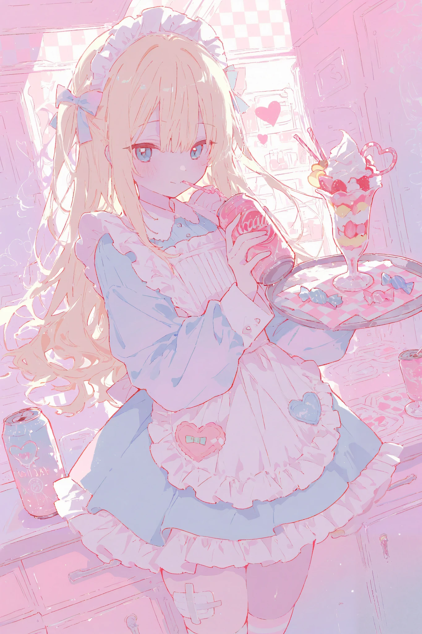 illustration, best quality, dramatic lighting, 00118_illu
,r17329_illu, 15546+456868,masterpiece, best quality, 8k, highres, ultra-detailed,HDR, UHD, illustration, best quality,
,1girl, long blonde hair, blue eyes, hair bow, cute maid outfit, frilly dress, apron, thigh-high socks, ribbons, holding drink, soda can, heart-shaped straw, holding tray, parfait, whipped cream, pastel colors, candy-themed accessories, bandage on thigh, cheerful expression, indoors, checkered wallpaper, soft lighting, kawaii aesthetic