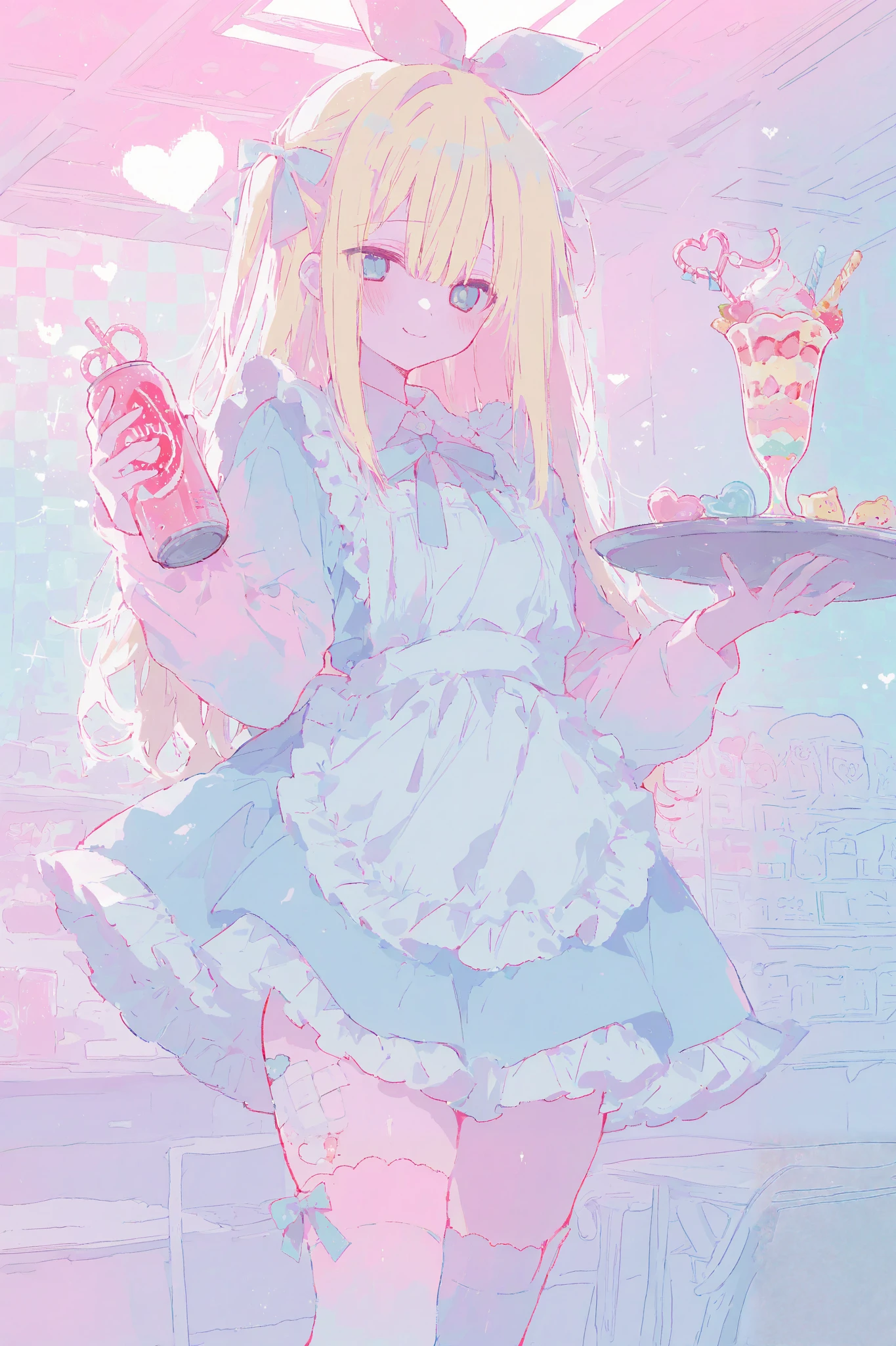 illustration, best quality, dramatic lighting, 00118_illu
,r17329_illu, xxx667_illu,15546+456868,masterpiece, best quality, 8k, highres, ultra-detailed,HDR, UHD, best quality,
,1girl, long blonde hair, blue eyes, hair bow, cute maid outfit, frilly dress, apron, thigh-high socks, ribbons, holding drink, soda can, heart-shaped straw, holding tray, parfait, whipped cream, pastel colors, candy-themed accessories, bandage on thigh, cheerful expression, indoors, checkered wallpaper, soft lighting, kawaii aesthetic