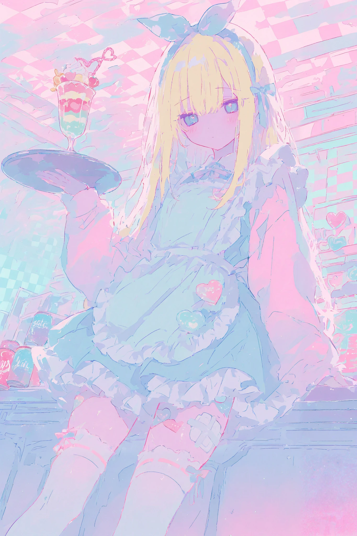 illustration, best quality, dramatic lighting, 00118_illu
,r17329_illu, xxx667_illu,15546+456868,masterpiece, best quality, 8k, highres, ultra-detailed,HDR, UHD, best quality,
,1girl, long blonde hair, blue eyes, hair bow, cute maid outfit, frilly dress, apron, thigh-high socks, ribbons, holding drink, soda can, heart-shaped straw, holding tray, parfait, whipped cream, pastel colors, candy-themed accessories, bandage on thigh, cheerful expression, indoors, checkered wallpaper, soft lighting, kawaii aesthetic