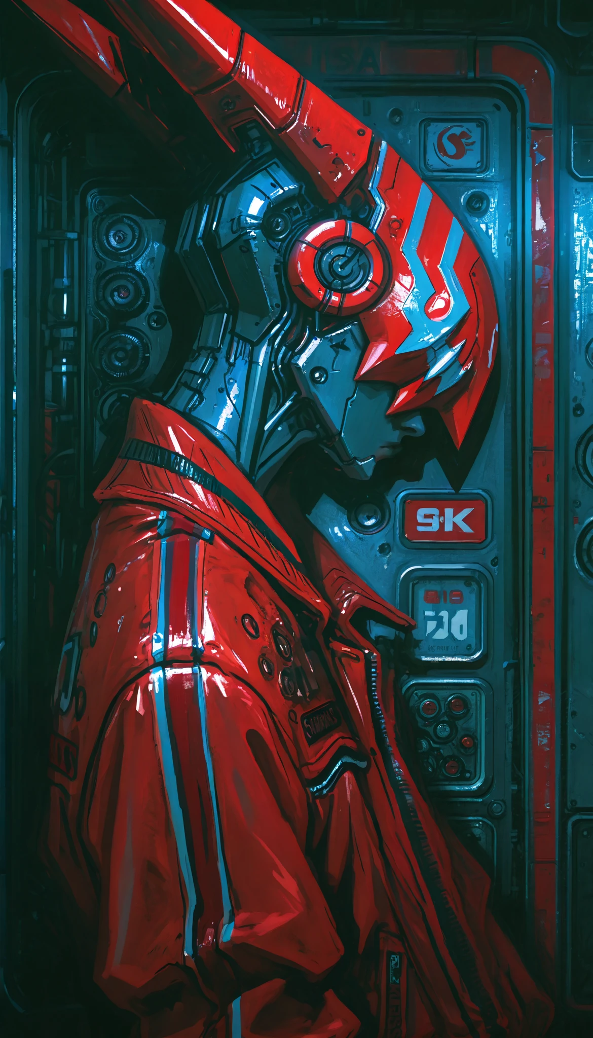 a man with red striped leather jacket, science fiction, profile view, stylized, intricate details, cinematic lighting, dramatic shadows, vibrant colors, award winning digital art, highly detailed, 8k, masterpiece,(sombras duras y marcadas)