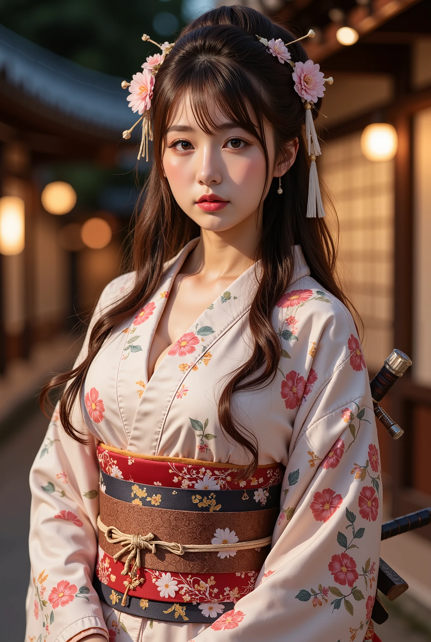 ( masterpiece, TOP QUALITY, realistic, high resolution, photos, :1.3), sharp concentration, 1 Beautiful Japanese Geisha Girl, ((( Beautiful kind face :1.5))), Geisha hairstyle, ((( plump body))), Japanese Geisha's Gorgeous Kimono, standing pose, (( full body shot)), full body, has a large sword, Japanese style background, night,