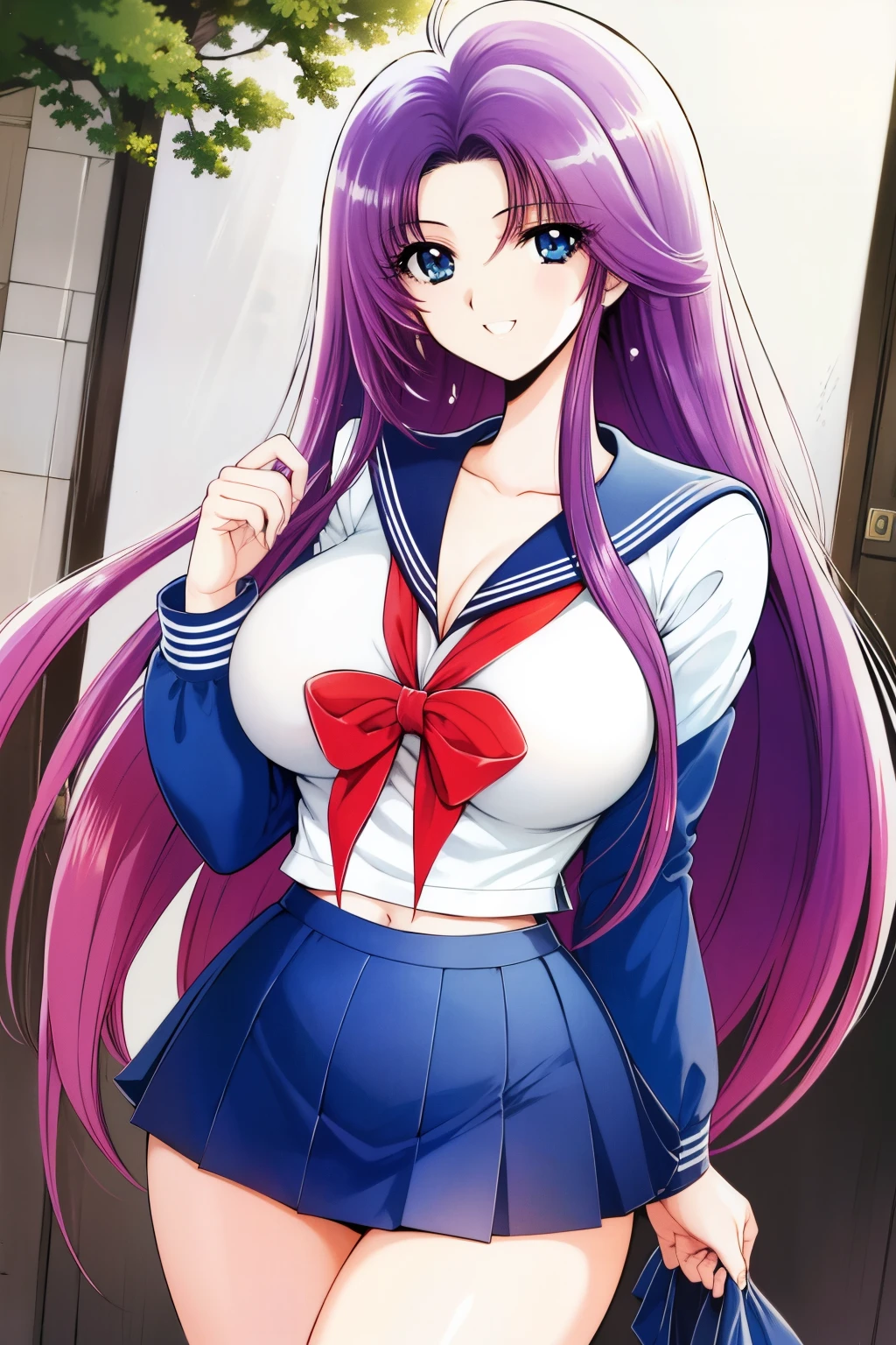 1990s \( style\), 1990s anime cels  style, TOP QUALITY, high resolution, ( big eyes:1.2), 1 girl, , is embarrassing, smile, (Big Breasts:1.2), cowboy shot, long hair,  blue eyes,  purple hair,  Chest, Right in the chest,(slender),(busty), (,  sailor suit, pleated skirt,  serafuku, sailor color ,  Long Sleeve , blue skirt, super mini skirt ,White panties with full view (  black high socks), Outdoors。