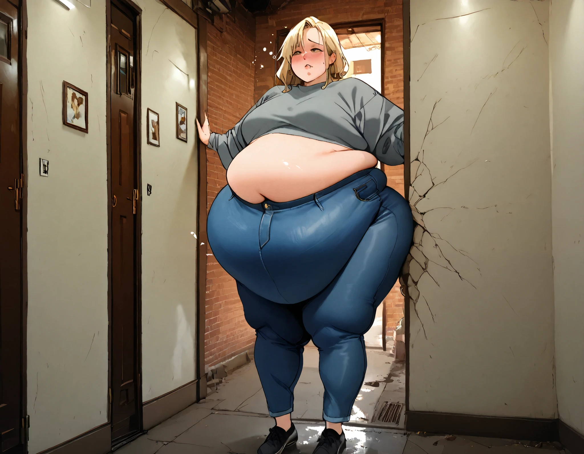 One woman, her skirt burst open and unzip because she is so full of food, (drunk emotions), (), stringy blonde hair, wearing jeans and a grey sweater, ((heavy belly)), (bloated belly), (()) ((belly press against wall)) (), , , (), (volumetric and specular lighting)stuck in alley, stuck, alley, stuck, stuck in door, belly too big to pass, (skinny legs), standing, (from the side)midriff, midriff peek, crop top, high-waist, plump, weight gain, ((small doorway))
