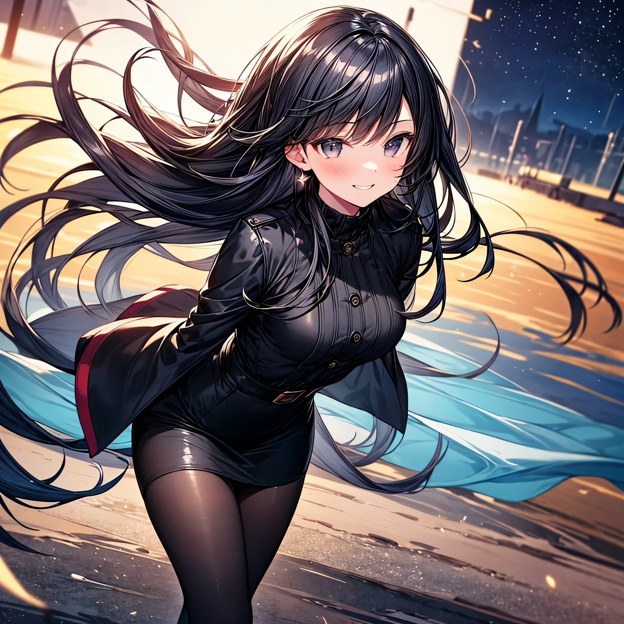 ((Oriental Project)),((masterpiece)),((leaning forward)),((Highest quality)),((Fascinating)),((alone)),((Deep blue pupils)),((Looking up at the night view from the top of the hill)),((Beautiful Blue Eyes)),((Wearing a black coat)),((Wearing a black mini skirt,She is wearing black tights under her skirt)),((Slim body)),((length, Shiny black hair)),((Her left eye is completely hidden by her bangs)),((Her hair is parted, and you can see her eyes through it)),((Wearing black gloves)),((hair over one eye,long hair)),((Ruthless)),((Complex background)),((Hair blowing in the wind))