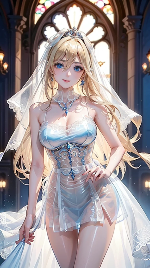 Cristalina, 20 years old, huge breasts, long blonde hair, light lilac eyes, wearing a sexy white dress. Cristalina is the most beautiful in her palace, everyone looks at her with her beautiful body because her job as a princess is to make everyone in her kingdom happy with the light. of Moon 
