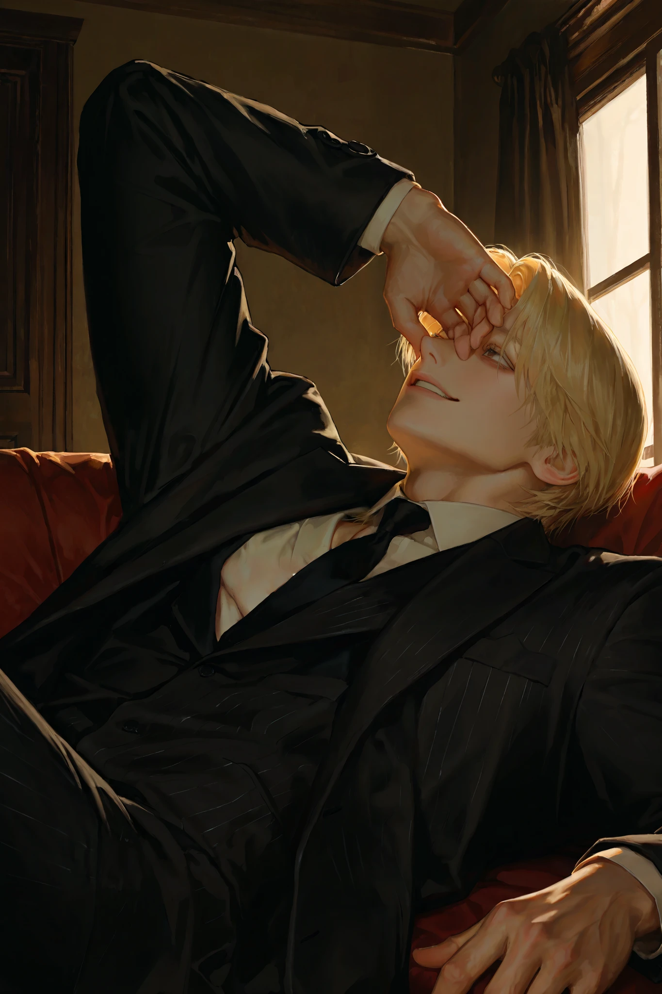 middle-aged male, handsome, lying, Blond hair tipped back neatly, 1 man with a gun, dark circles under the eyes , short hair, male-centered, handsome man, Thick painted , Korean Comic Style , semi-realistic art , semi-realistic art style, Expressive Brushwork, Vibrant Brushstrokes, Impressionist painting , realistic skin, realistic hair , realistic details , Photorealistic , covering the forehead, natural straight hair, Golden hair, muscular, near, suit, Inside the house, dark , heavy body, big hands, Modern, sharp impression, Smiles , 갈색 suit, coat, sitting