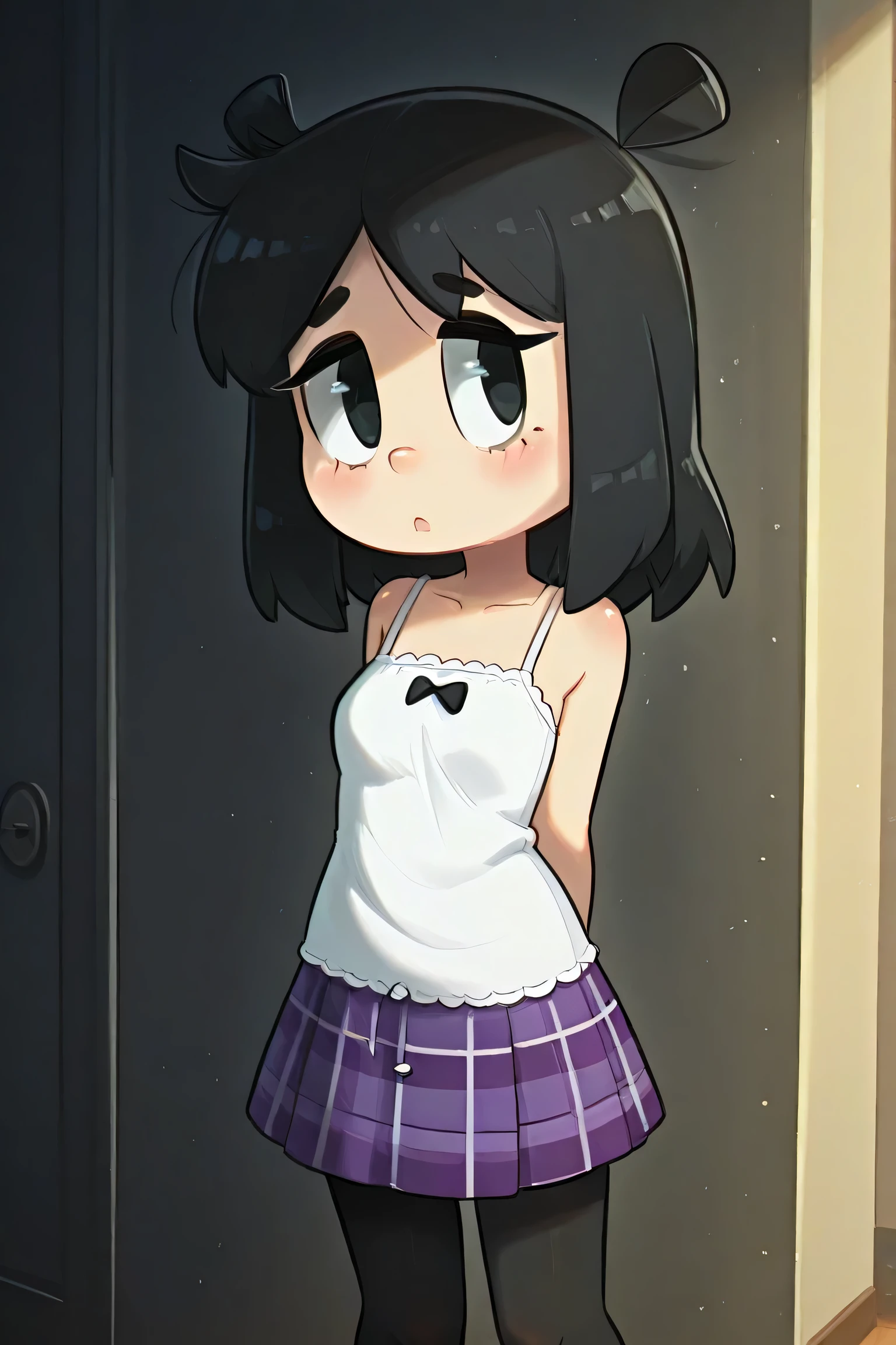 A girl with black hair, black eyes, wearing a white camisole, a purple plaid skirt and black stockings. The girl is curious. 
