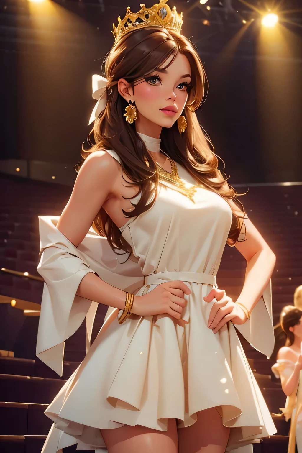 Photo.  beautiful girl  . Height 170 cm .  She's after plastic surgery .  bimbo .  A woman with brown hair  , 20 years .  amber eyes .   breast size 2 . She participates in a student beauty pageant on stage in an auditorium on stage with other girls . There are a lot of spectators in the hall  . She won a beauty pageant . She was presented with flowers and the winner's gold crown and put a ribbon over her shoulder .  she smiles . 