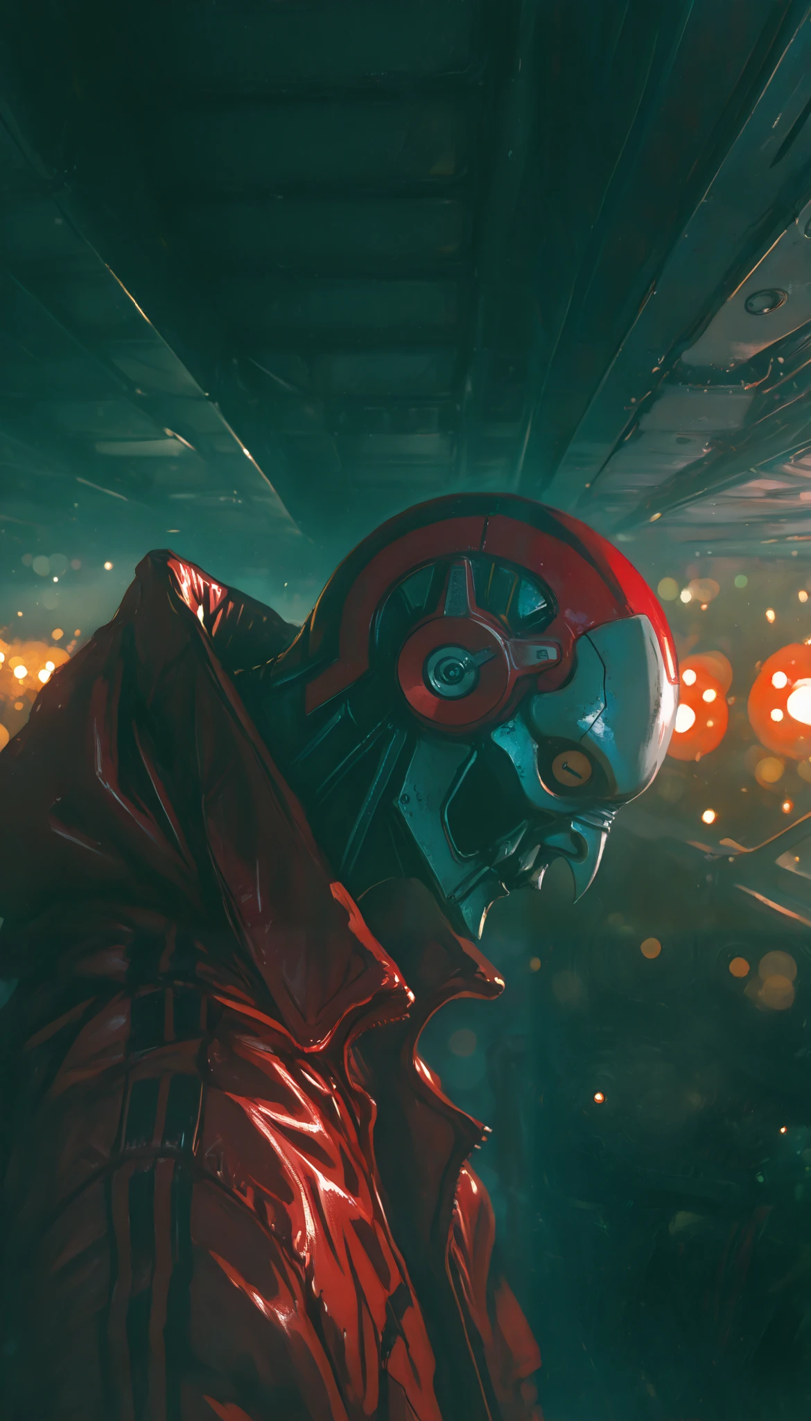 a man with red striped leather jacket, science fiction, profile view, stylized, intricate details, cinematic lighting, dramatic shadows, vibrant colors, award winning digital art, highly detailed, 8k, masterpiece,(sombras duras y marcadas), Capullo en metamorfosis,manga, ( alta calidad, 4k, ultra-detallado , realista, colores brillantes , Bokeh), Cielos, ser abominable, oscuridad profunda , altamente detallada, juego de luz y sombra , Partículas