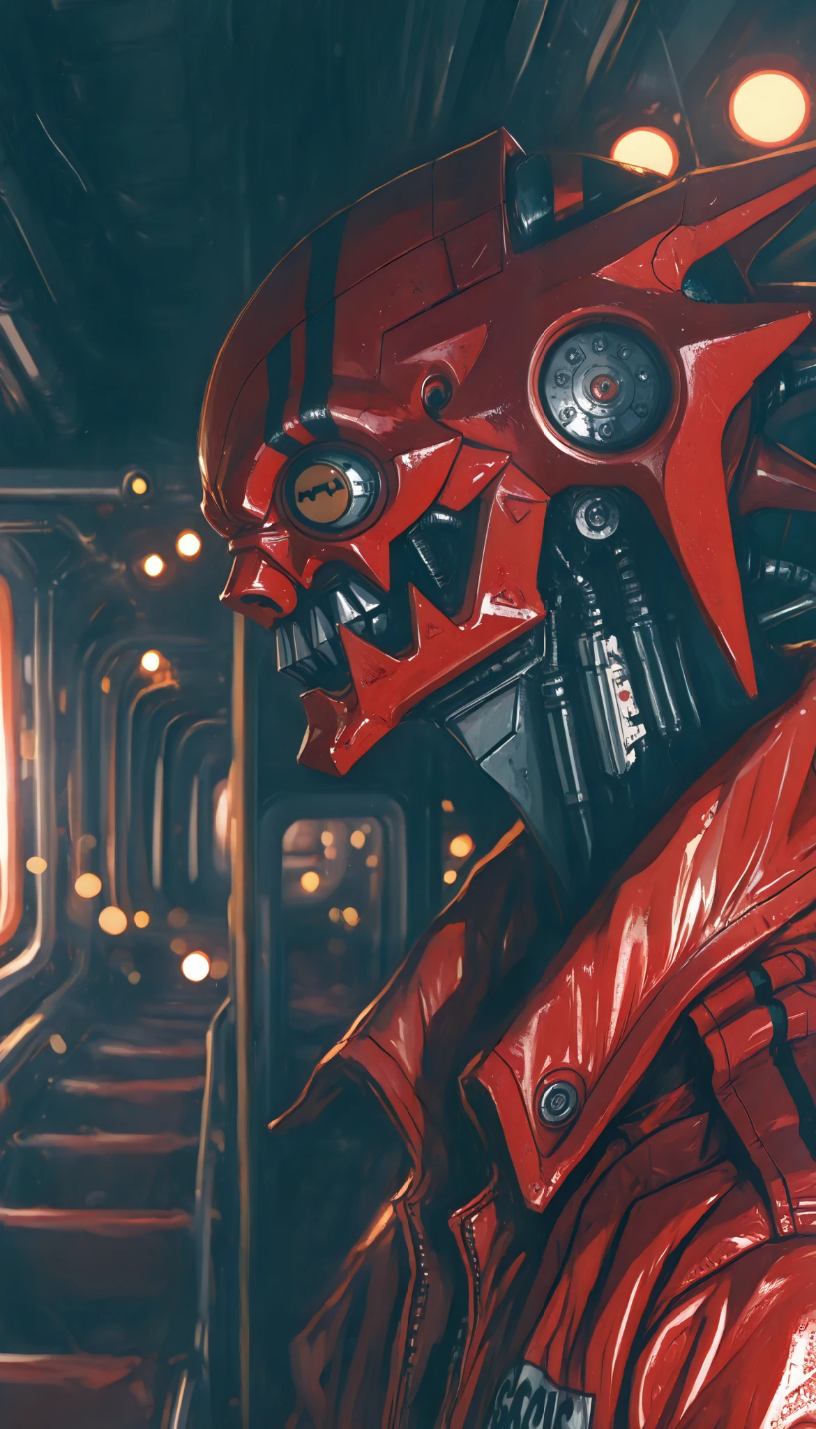 a man with red striped leather jacket, science fiction, profile view, stylized, intricate details, cinematic lighting, dramatic shadows, vibrant colors, award winning digital art, highly detailed, 8k, masterpiece,(sombras duras y marcadas), Capullo en metamorfosis,manga, ( alta calidad, 4k, ultra-detallado , realista, colores brillantes , Bokeh), Cielos, ser abominable, oscuridad profunda , altamente detallada, juego de luz y sombra , Partículas