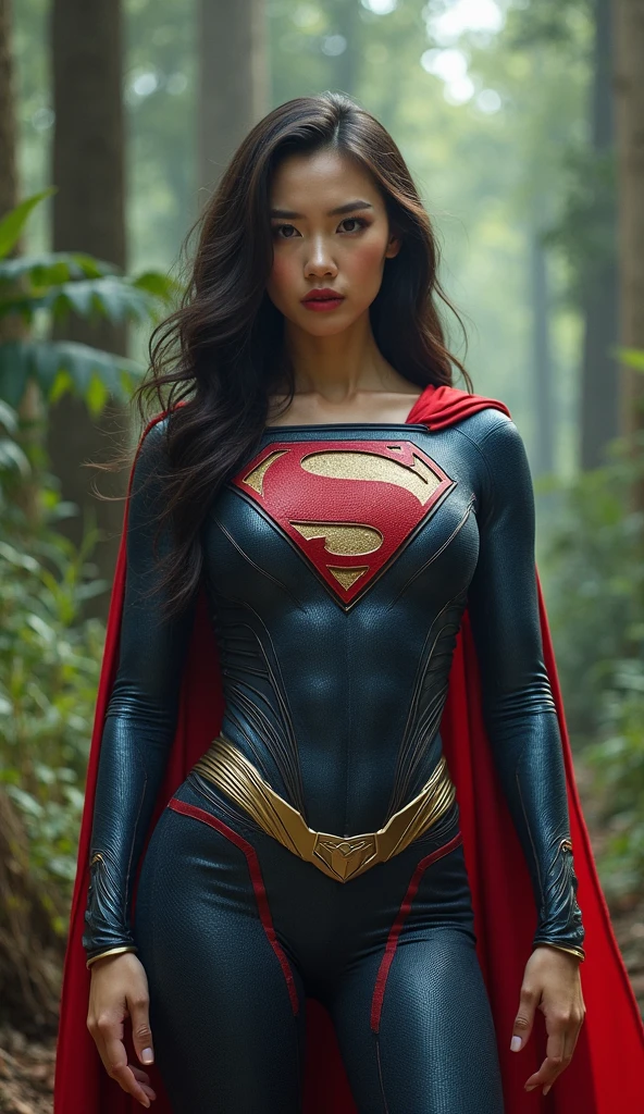 Brown woman with straight black hair and blue eyes, dressed in superman costume, full body, cinematic,realistic,8k