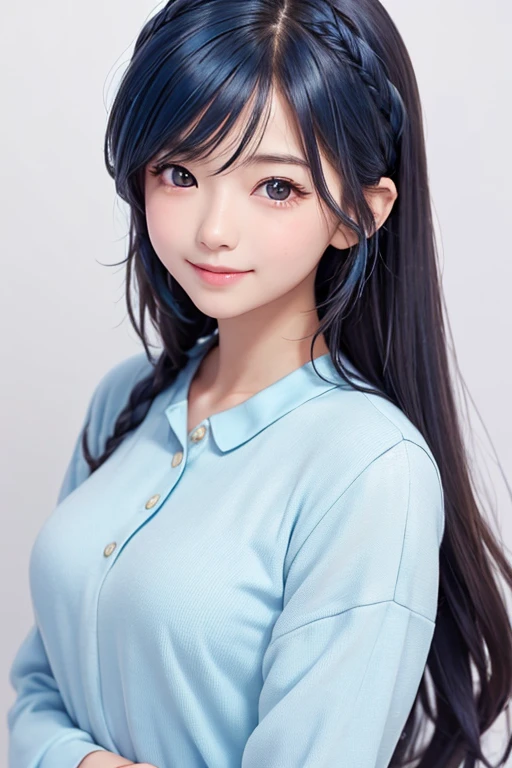 top-quality, 8K, ultra-detailliert, 1girll, Women with long hairstyles, Bunching up the ends of your hair, A smile, Light blue uniform, White Y-shirt, japanes, ren, Amazing beauty, A slender, Nice proportions, being thin, Upper body center, Smaller eyes