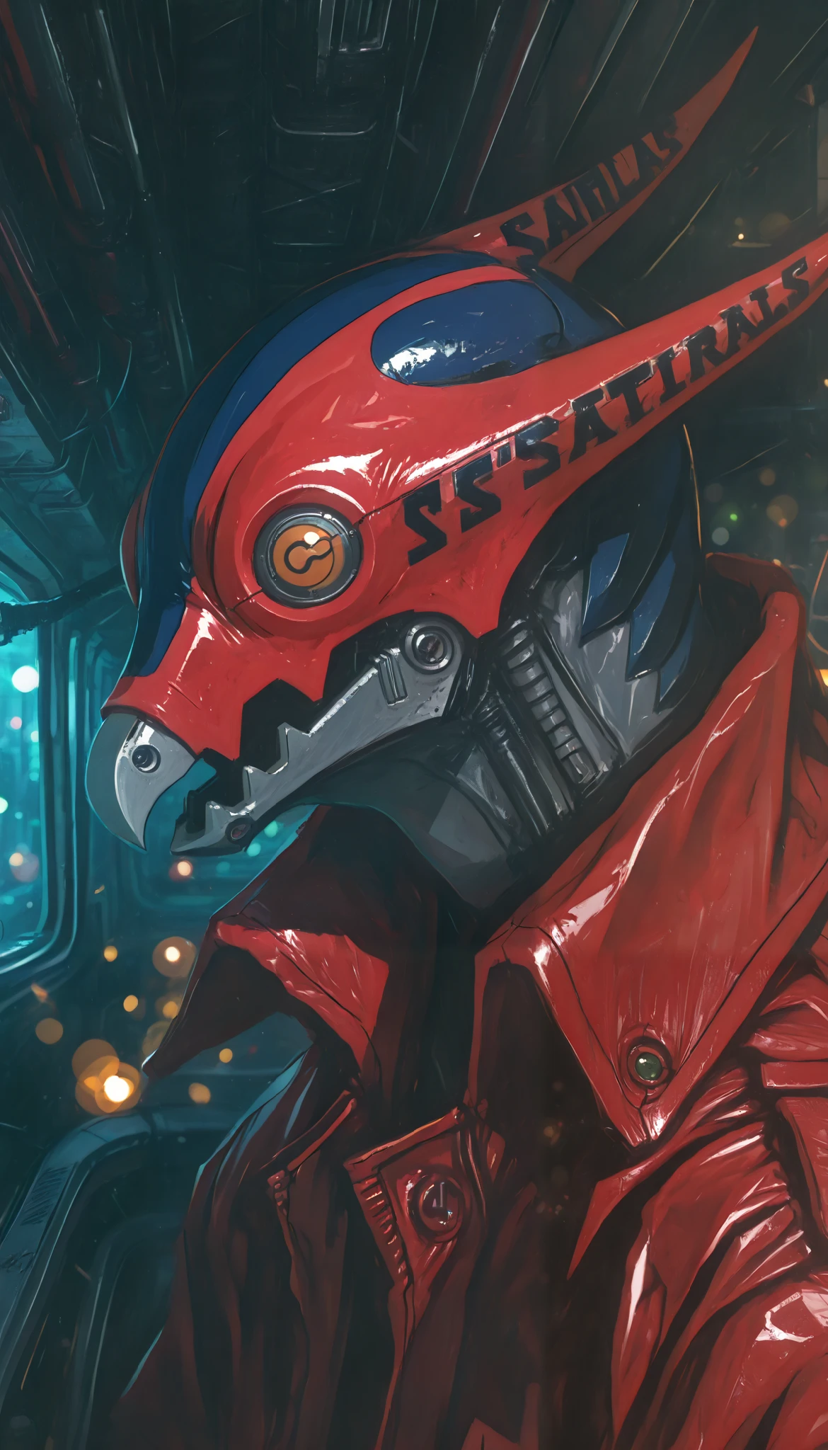 a man with red striped leather jacket, science fiction, profile view, stylized, intricate details, cinematic lighting, dramatic shadows, vibrant colors, award winning digital art, highly detailed, 8k, masterpiece,(sombras duras y marcadas), Capullo en metamorfosis,manga, ( alta calidad, 4k, ultra-detallado , realista, colores brillantes , Bokeh), Cielos, ser abominable, oscuridad profunda , altamente detallada, juego de luz y sombra , Partículas