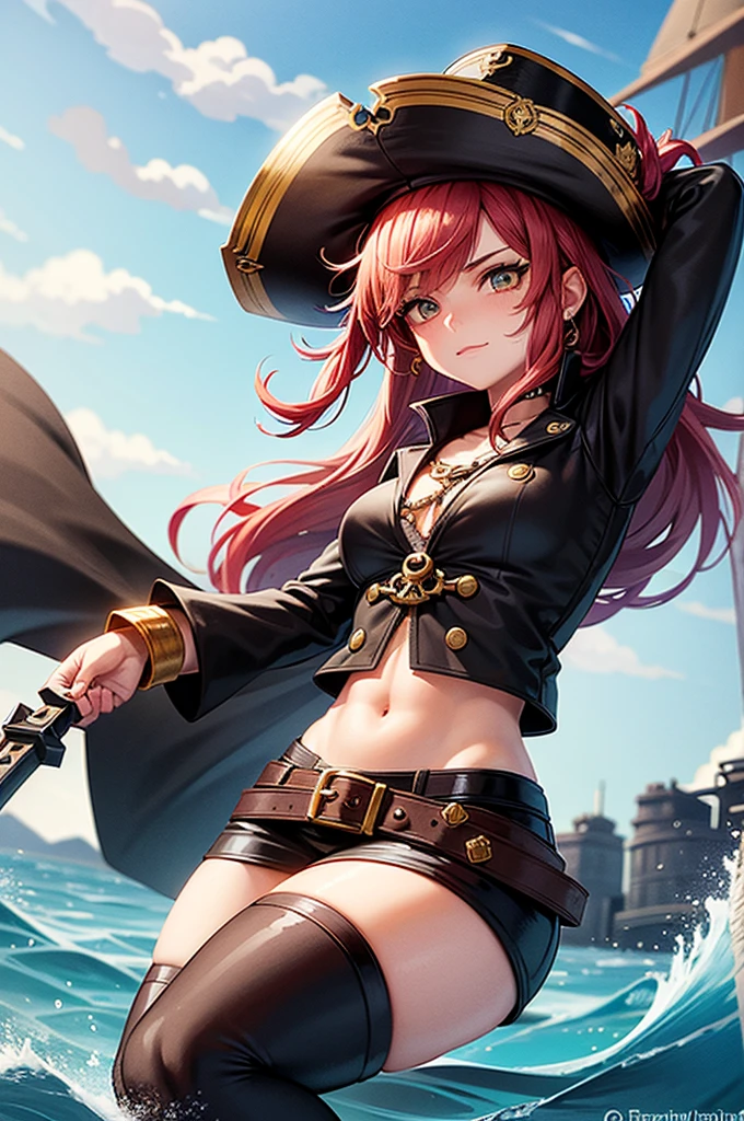 Mulher pirata em seu navio,sexy corpo inteiro,braided hair,leather hat,cigarro na boca,eye patch with skull design,segurando uma pistola flintlock,tatuagem,Navios piratas BREAK,mar,sol,suar,Fruta laranja,corda,Artwork,..3d,4k,circunstanciado,Realistic,Arte digital altamente detalhada em 4k,octan render, bioluminescente, BREAK 8K resolution concept art, realismo,by Mappa Studios,master part,best quality,Arte Oficial,illustration,Linha clara,(Fresco_Cor),perfect composition,absurdos, fantasia,concentrado,rule of thirds
