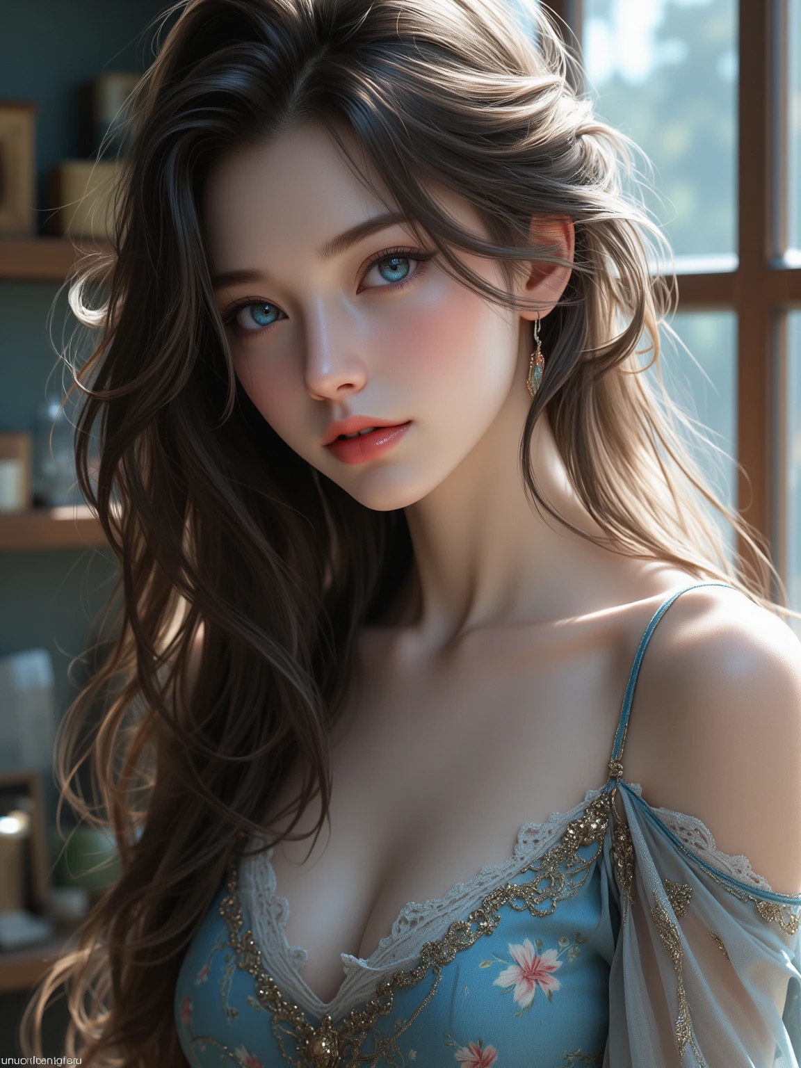 beautiful young russian woman, 8k, detailed face, high quality, photorealistic, stunning eyes, long eyelashes, attractive facial features, flawless skin, light brown hair, tight waist,  stylish clothes, necklace, active posing, rough long hairstyle, vivid colors, masterpiece, best quality