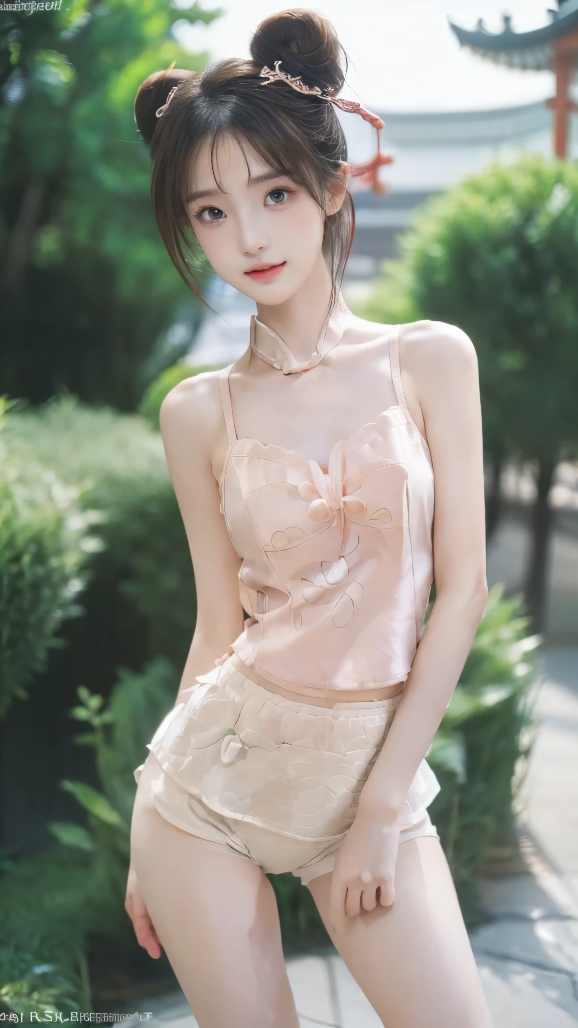 masterpiece, 8k, RAW photos , TOP QUALITY, (( slender girl )), ((Baby Face)), tank top、(Emphasized breasts:1.2、Upward bust)、( small nice ass、 sexy ass 、beautiful hip line)、( detailed legs:1.2, thin thighs:1.3, beautiful feet:1.2)、(High Knee Socks), ( detailed hands:1.3, perfect right hand:1.3, fine fingertips down to the smallest detail:1.2)、( Detailed Eyes and Faces :1.2, Professional Shooting Techniques ), ( beautifully shaped crotch:1.2), (cute character pattern underwear:1.5), (cute bun hairstyle:1.4, Chinese style hairstyle :1.5), (tight waist:1.3), (looking at the camera:1.2, Playful expression:1.5)