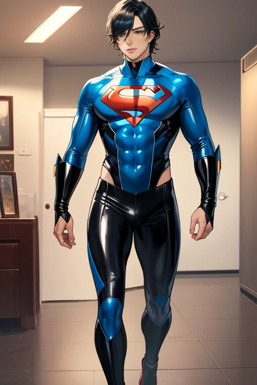  Full full body photorealistic ultra realism high definition aesthetic stabilized diffusion picture of handsome hunky fractal clean shaven Milo Manheim as 8 year old Superman,, wearing a , standing.holdind an ice cream cone 