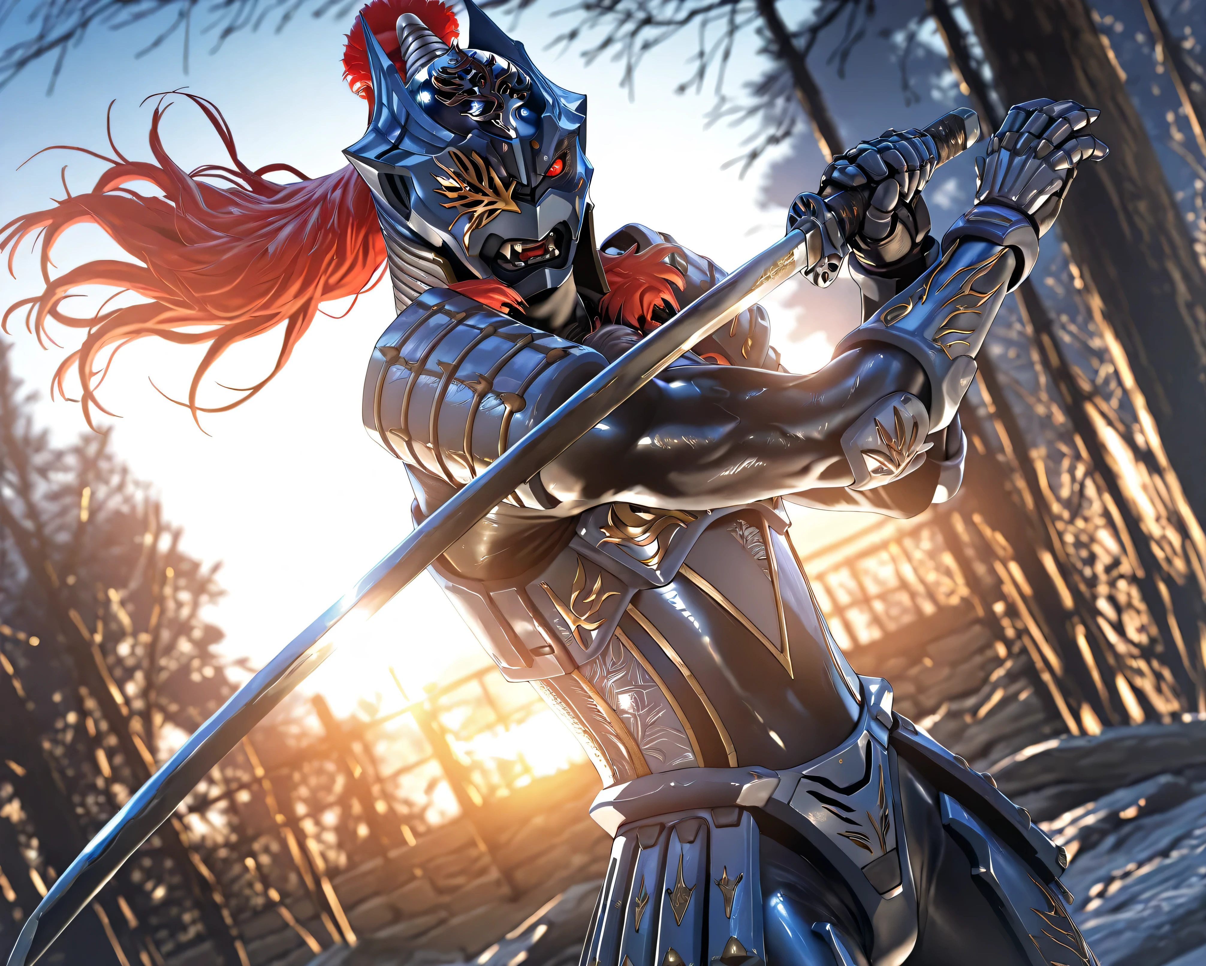 masterpiece, best quality, official art, detailed, realistic, game cg, ultra-detailed, beautiful detailed eyes, very aesthetic, solo, furry male, shiny skin, (Zamushar), red hair, (pitch black body), white pupils, fangs, uneven eyes, (one-eyed:1.2), chest armor, (waist armor:1.2), Gauntlets, (muscular), leg guard, detailed armor, sword guard stance, sword, weapon, solo, katana, holding, holding weapon, holding sword, looking at viewer, high collar, cowboy shot, dynamic pose, vibrant colors, floating hair, (five fingers), BREAK, (dutch angle), (blurry background), dynamic lighting, rim lighting, dawn,