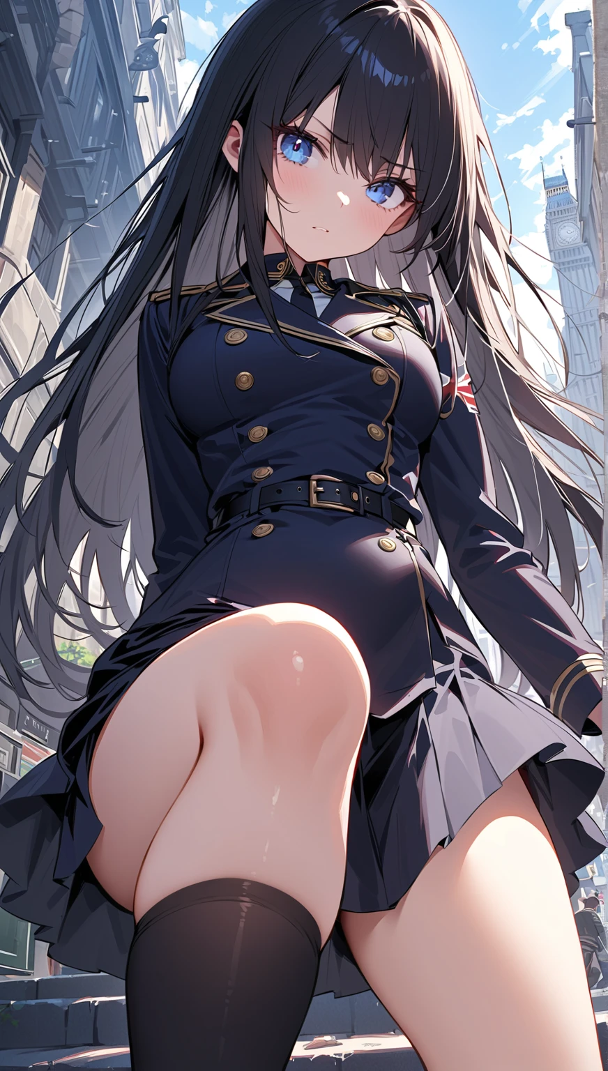 Colossal tits,(((A MILF))), (White panties), Military uniform,a miniskirt, hat, Over knee socks, thong, (((maturefemale))),The wind is blowing my skirt away, blush,groin,Blue sky, On board,blush,From below,