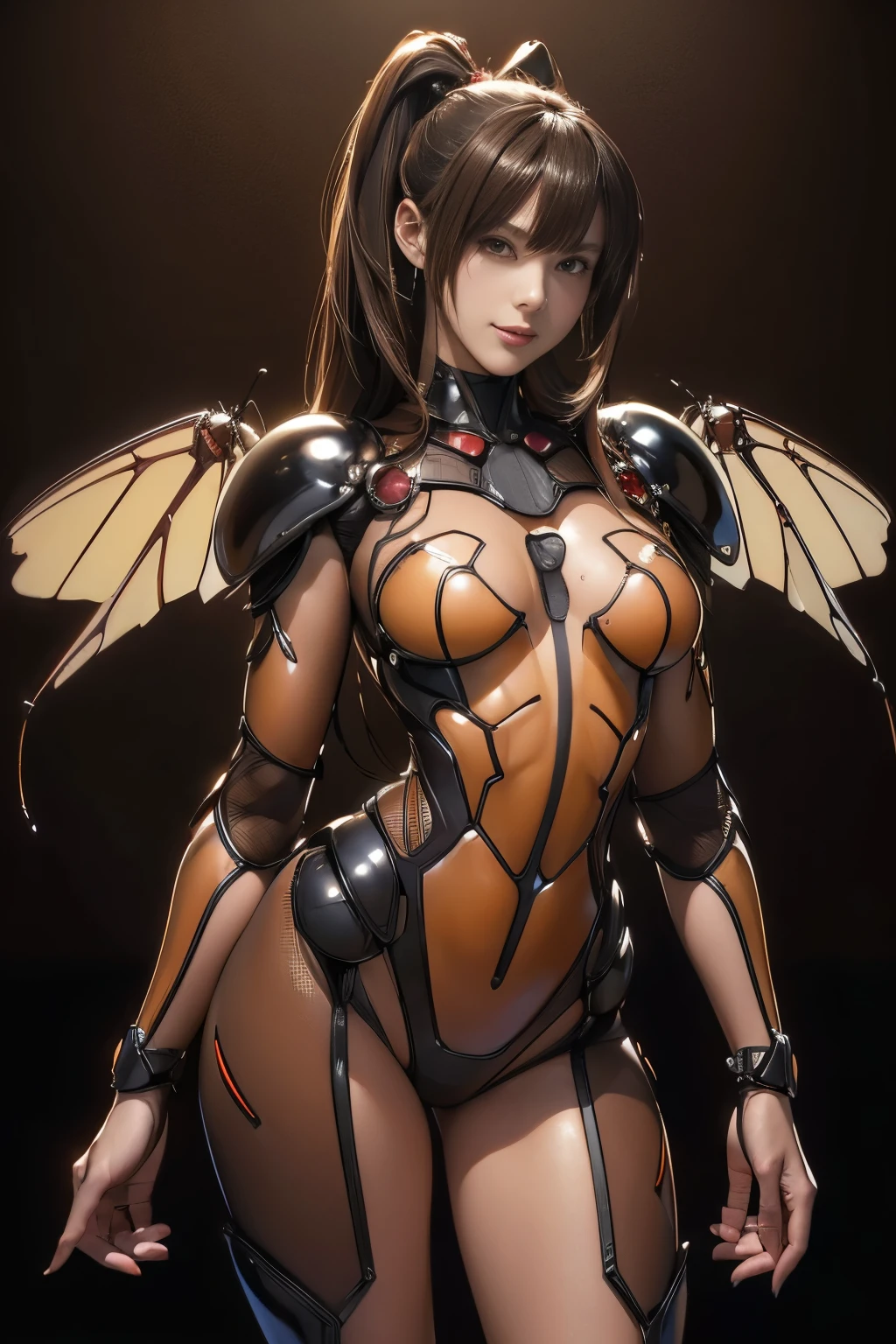 (High resolution,masutepiece,Best Quality,extremely details CG, Anime, Official art:1.4), Realistic, Photo, amazing fine details, all intricate, gloss and shiny,awesome many layers, 8K Wallpaper,3D, sketch, kawaii, Illustration,( Solo:1.4), perfect female proportion,villainess, (Fusion of dark brown cockroach and lady:1.4), (Brown cockroach forms ready:1.2), (Brown cockroach woman:1.2), (Fusion:1.2), (Solo:1.4), (Evil smile:1.2), muscular, Abs, (cockroach brown exoskeleton bio insect Suit:1.4), (Brown exoskeleton insect armor from cockroaches:1.2), (Brown cockroach wings:1.4), (Brown cockroach antenna:1.3),