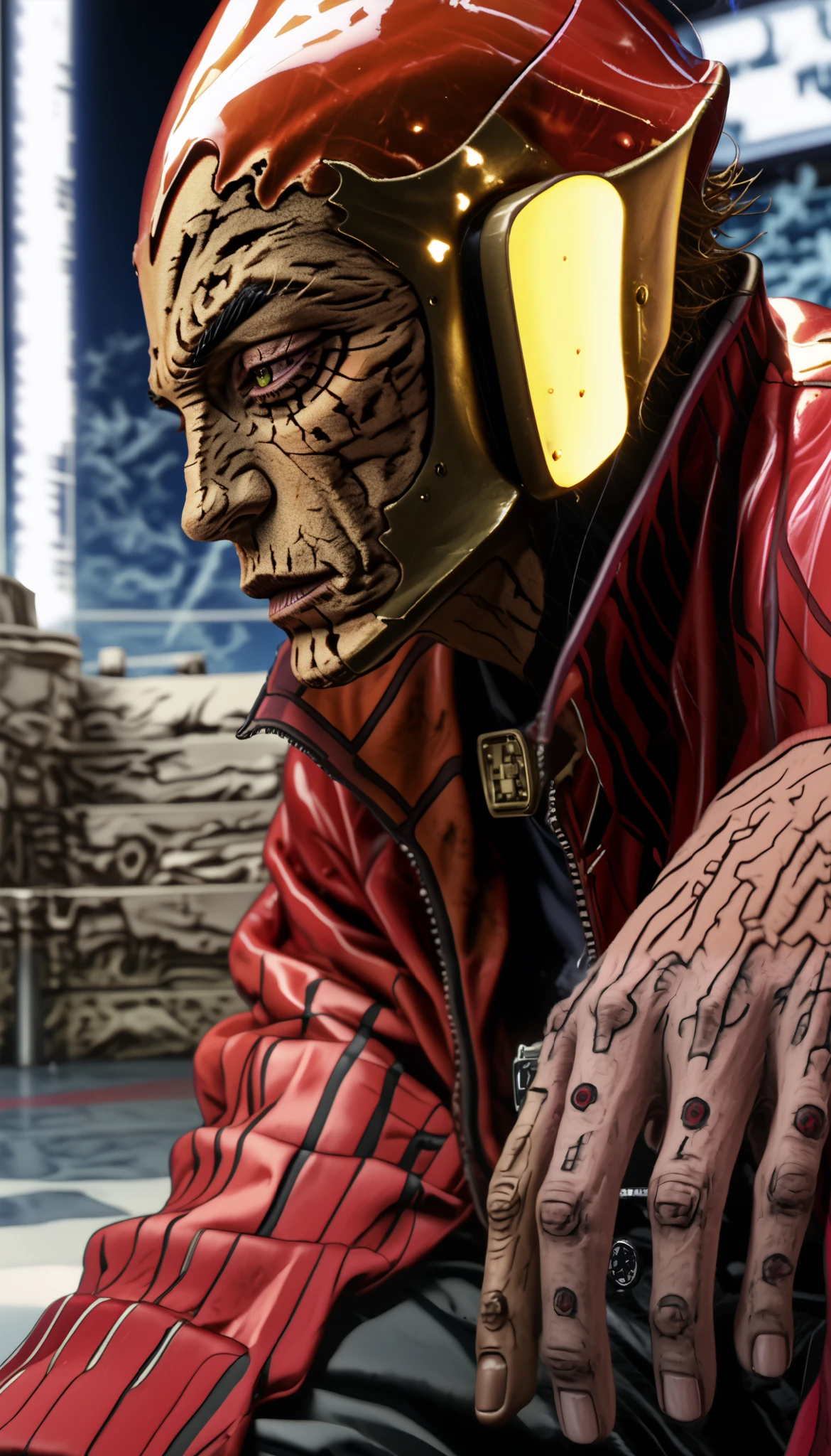 a man with red striped leather jacket, science fiction, profile view, stylized, intricate details, cinematic lighting, dramatic shadows, vibrant colors, award winning digital art, highly detailed, 8K, Masterpiece,(sombras duras y marcadas), ( Masterpiece:1.2, Exceptional quality , Cinematic Experience , best illustration :2.0, Very detailed.2.0), 8K16K, wallpaper,