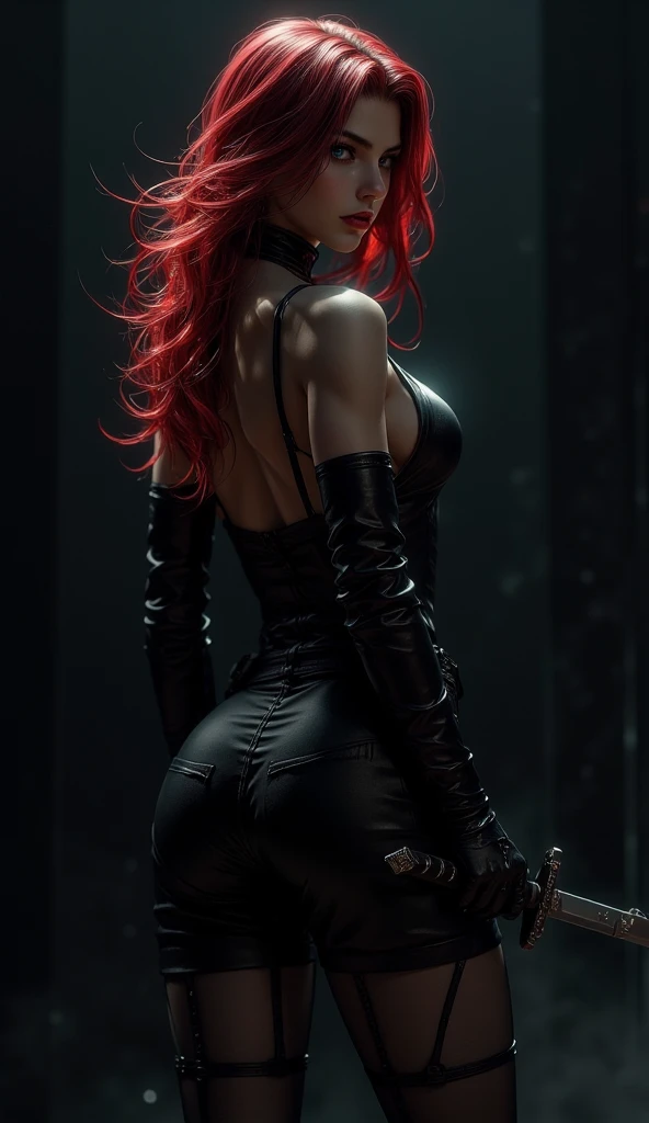 Sophie Turner wearing the Evil Dark Phoenix costume, smiling, red hair tied in a bun at the back of her head, black corset, black thong panties, wears long black leather boots, long black gloves that cover her arms until above the elbows, black cape with a red rose, standing with a long black whip in her right hand, a full-body, hyper-realistic image