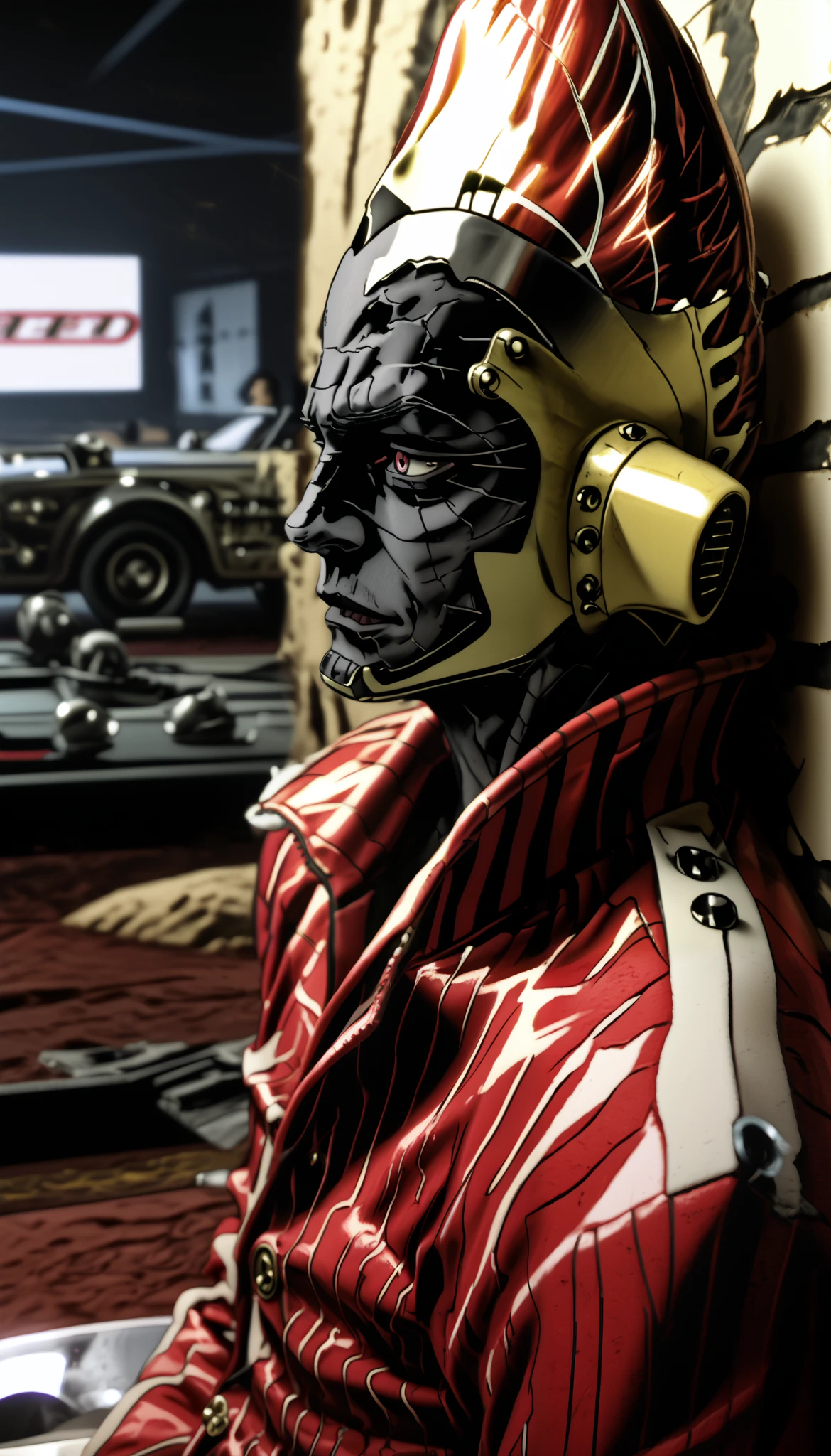 a man with red striped leather jacket, science fiction, profile view, stylized, intricate details, cinematic lighting, dramatic shadows, vibrant colors, award winning digital art, highly detailed, 8K, Masterpiece,(sombras duras y marcadas), ( Masterpiece:1.2, Exceptional quality , Cinematic Experience , best illustration :2.0, Very detailed.2.0), 8K16K, wallpaper,