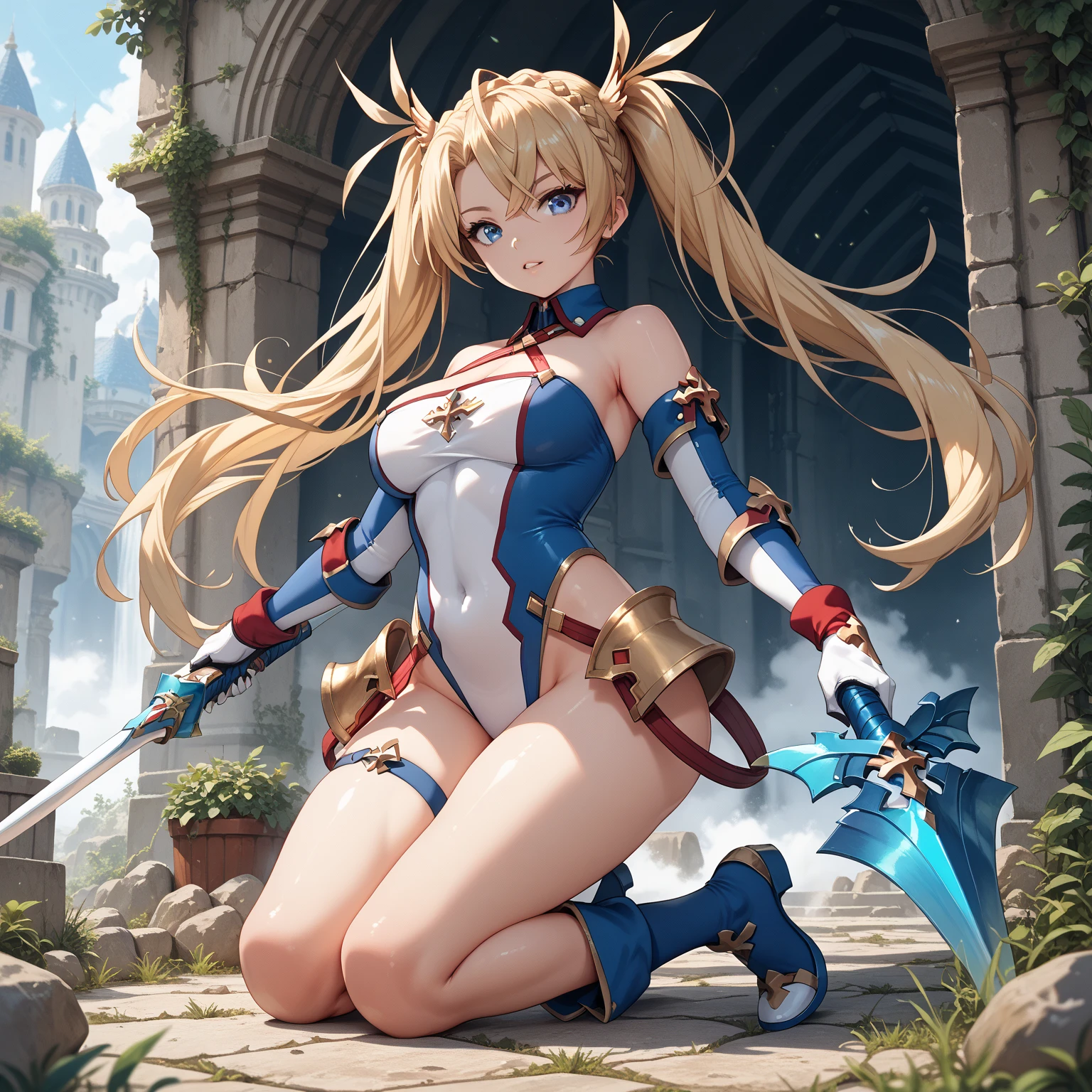 Highest quality、Super detailed、High resolution illustrations、Ultra-high-definition CG、8k size wallpaper、Production Art、Light novel illustrations、asuna yuuki, long hair, brown hair, brown eyes,
skirt, thighhighs, bare shoulders, detached sleeves, armor, white thighhighs, breastplate, red skirt, rage、I'm so angry、The wrinkles on his eyebrows、