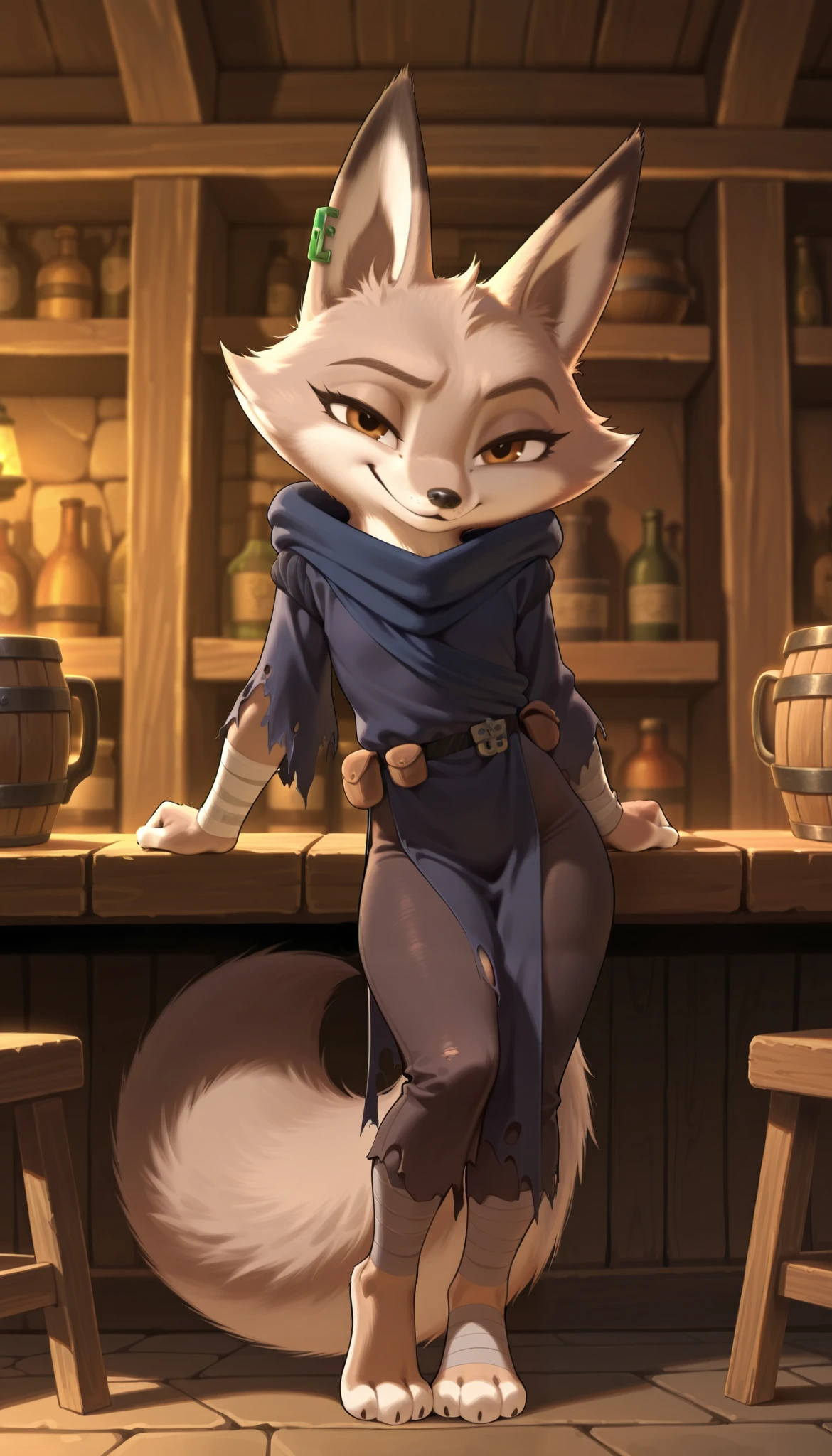 score_9, score_8_up, score_7_up, source_furry, best quality, amazing quality, detailed background, masterpiece, 1girl, looking at viewer, solo, ( sexy pose, seductive smile, seductive look, horny :1.1), ((hooded blue tunic, baggy trousers, gray bandages, torn clothes, black belt)), zhen, fox girl, fox ears,brown eyes, gray and white fur, fox tail, jade earring, huge filesize, full body, feets with three toes, tavern, leaning on table,