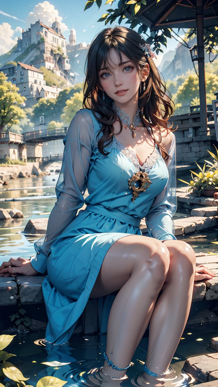 Girl reading a book by the lake, Bright colors, spring, Willow Branch, comfortable, Warm sunshine、24-year-old female、Deck chair、Sheer pastel green summer dress、barefoot、Sunlight filtering through the trees、A refreshing breeze blows、Hair blowing in the wind