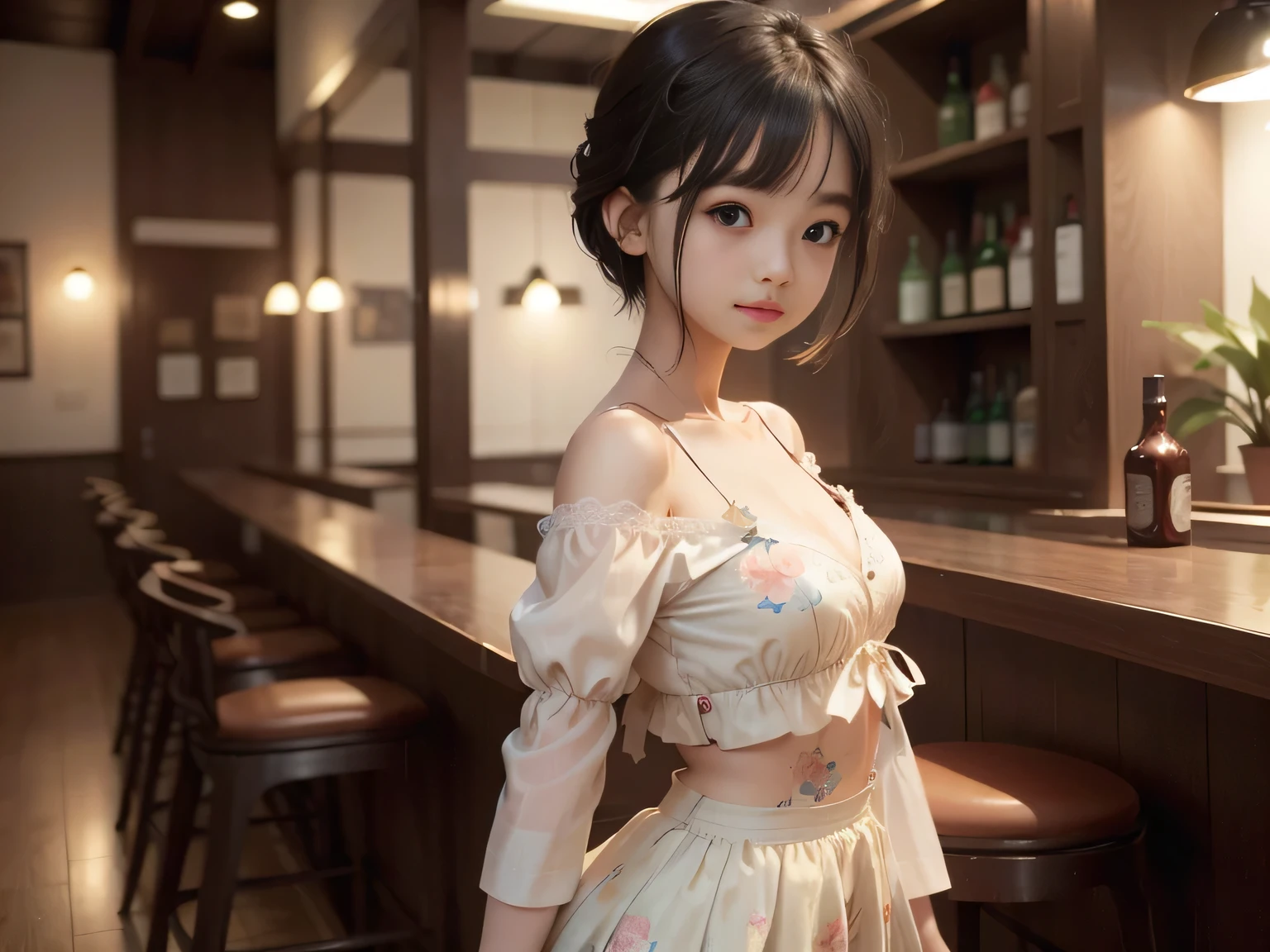There is a woman standing in a bar with a dress on - SeaArt AI